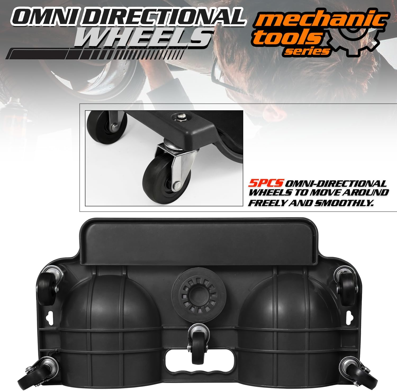 M-AUTO Rolling Knee Creeper Durable Knee Pads with Full 360 Degree Turn Casters and Tool Tray, Garage Kneeling Pads on Swivel Castors for Home Workshop Auto Repairing Maintaining, Black image number 1