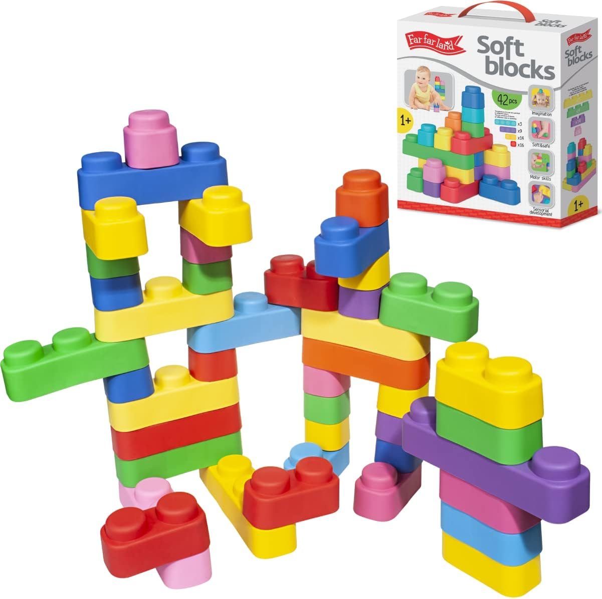 Baby Blocks - Colourful Soft Building Blocks for Babies and Toddlers (42 Pcs) - Educational Squeeze Play Montessori Toys - Baby Stacking Blocks Set - Food-Grade Material Sensory Blocks