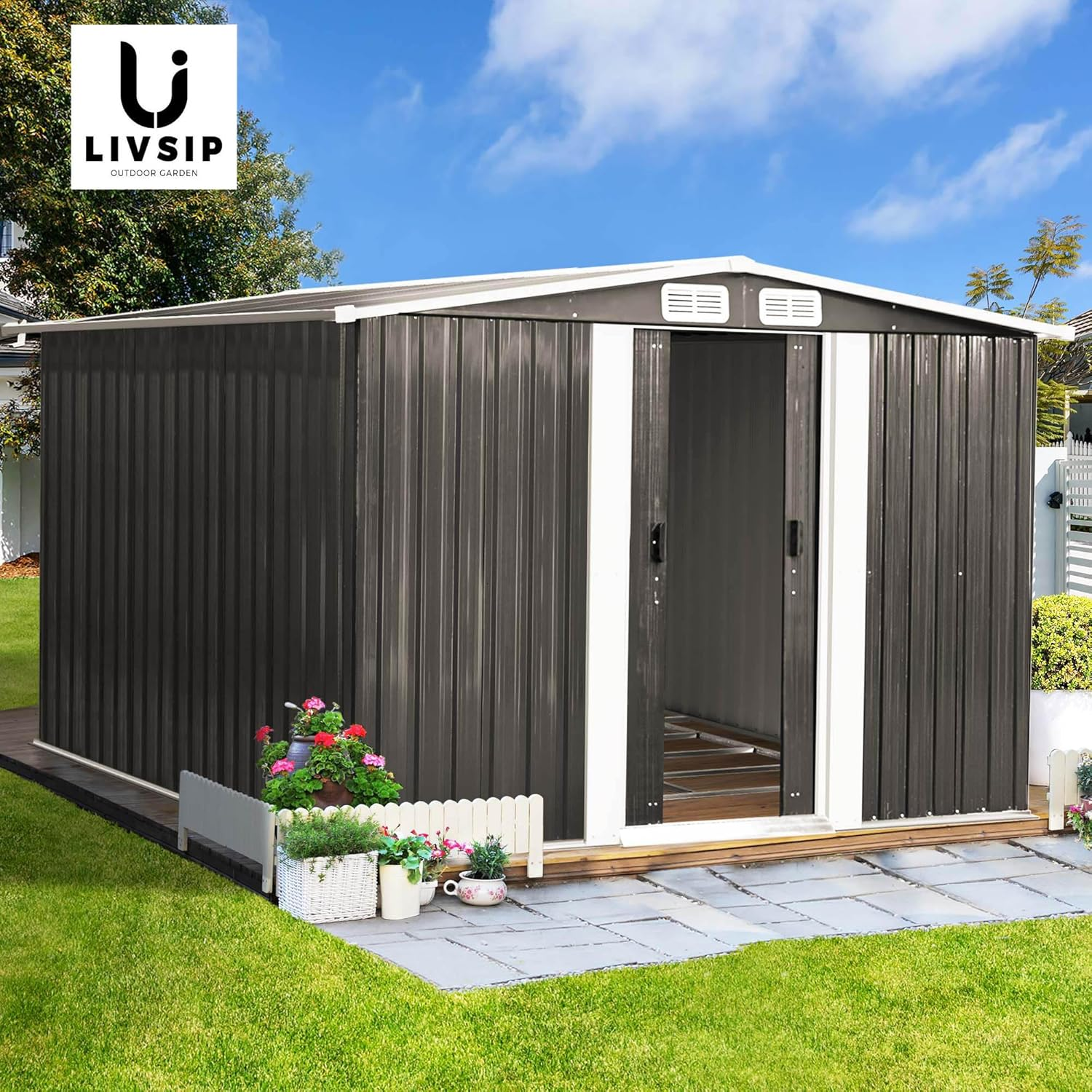LI LIVSIP Garden Shed with Foundation - Galvanised Steel Outdoor Storage Shed with Double Slopes Roof Air Vent Sliding Doors, for Gardening Tools Bikes, 257X205X178Cm, Lock Included