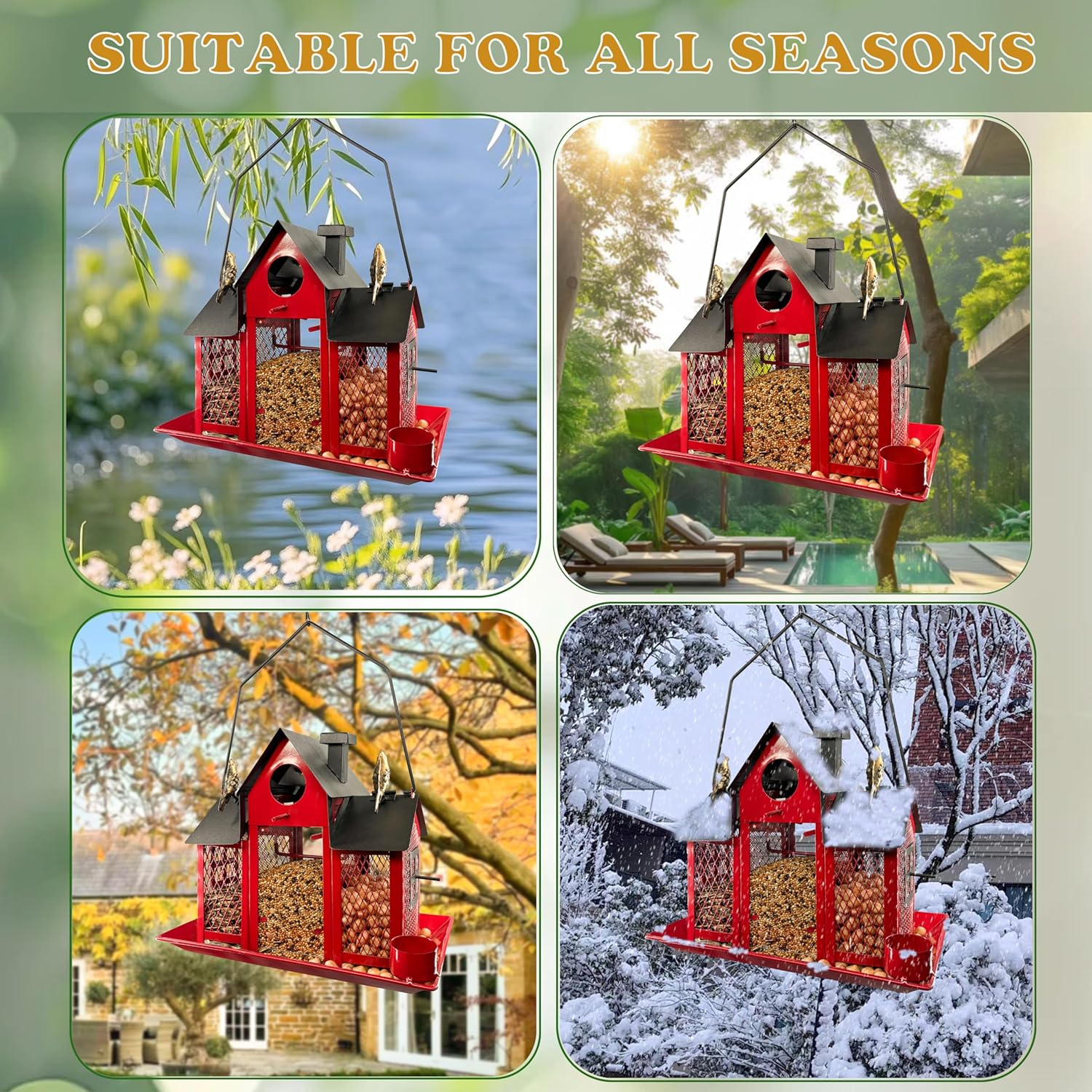 Bird Feeder Solar Bird Feeders House for outside Hanging, Metal Wild Bird Feeder for Outdoors, Large Capacity Birdhouse Bird Feeders (Cute House-Red) image number 5