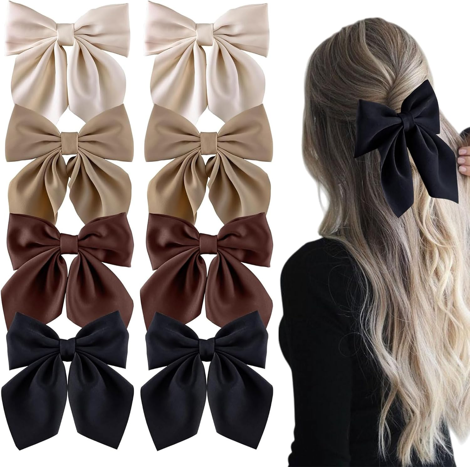 Muorruo 8 Pieces Hair Bows for Women, Short Bow Hair Clips, Small Alligator Hair Clips, Cute Accessories for Girls, Bow Clips for Thick and Thin Hair, Black/Khaki image number 1