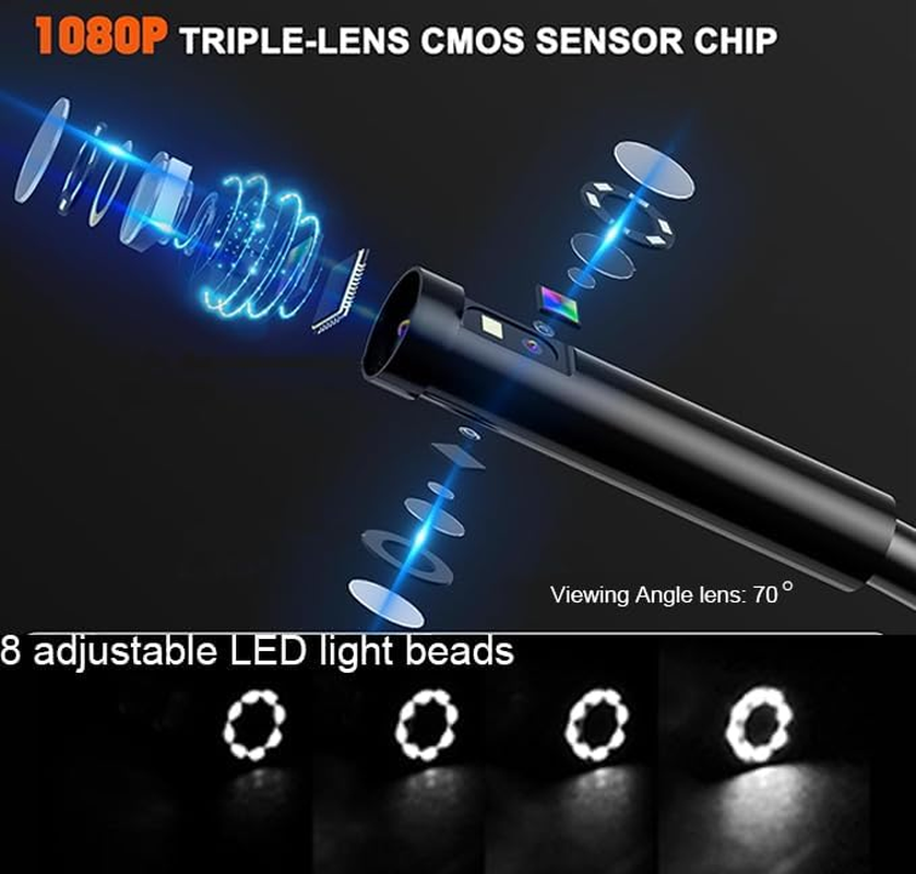 Triple Lens Endoscope Inspection Camera,1080P HD 8Mm Industrial Borescope with 32.8Ft/10M Semi-Rigid Cable, 5 Inchs IPS Screen, Waterproof Drain Snake Camera for Sewer Pipe image number 5