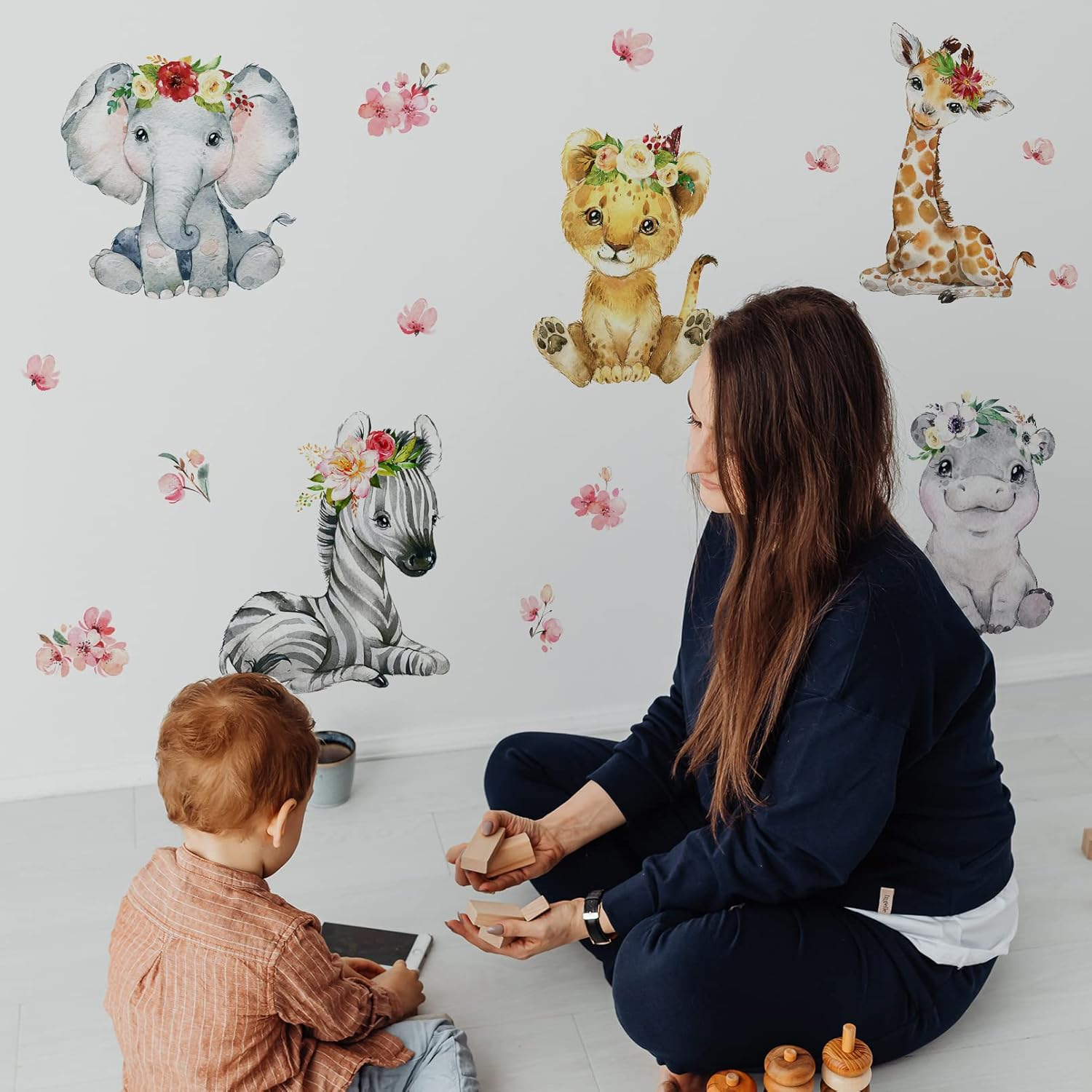 Mfault Girls Safari Jungle Baby Animals Wall Decals Stickers, African Elephant Zebra Giraffe Seahorse Lion Kids Room Nursery Decor, Watercolor Flower Decorations Toddler Bedroom Playroom Art Gift image number 1