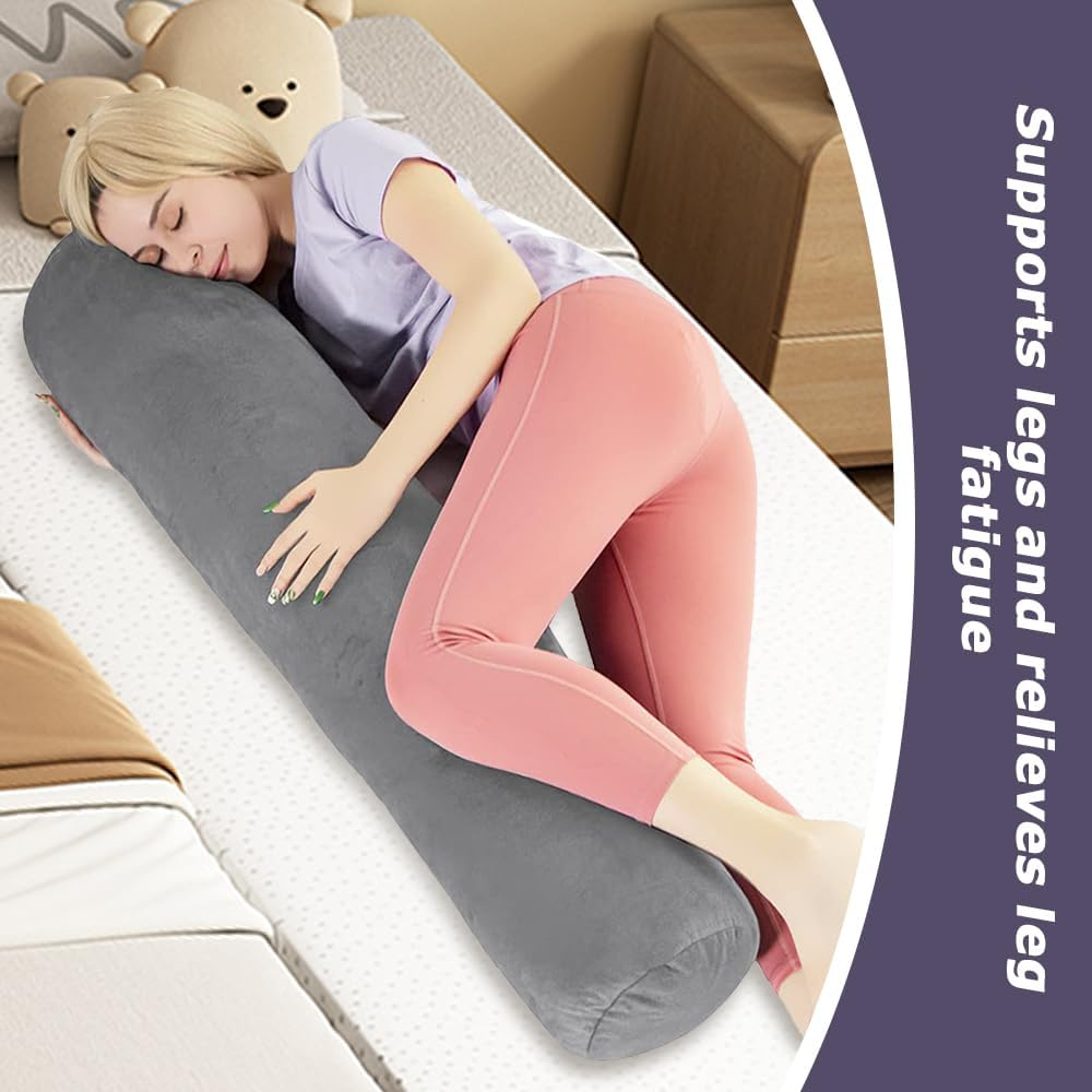 Long round Body Pillow for Adults, Memory Foam Bolster Pillow with Removable Velvet Cover, Roll Pillow for Back, Neck, Leg, Cervical Relief for Hugging Sleeping, 47&rdquo; X 7.87&rdquo;