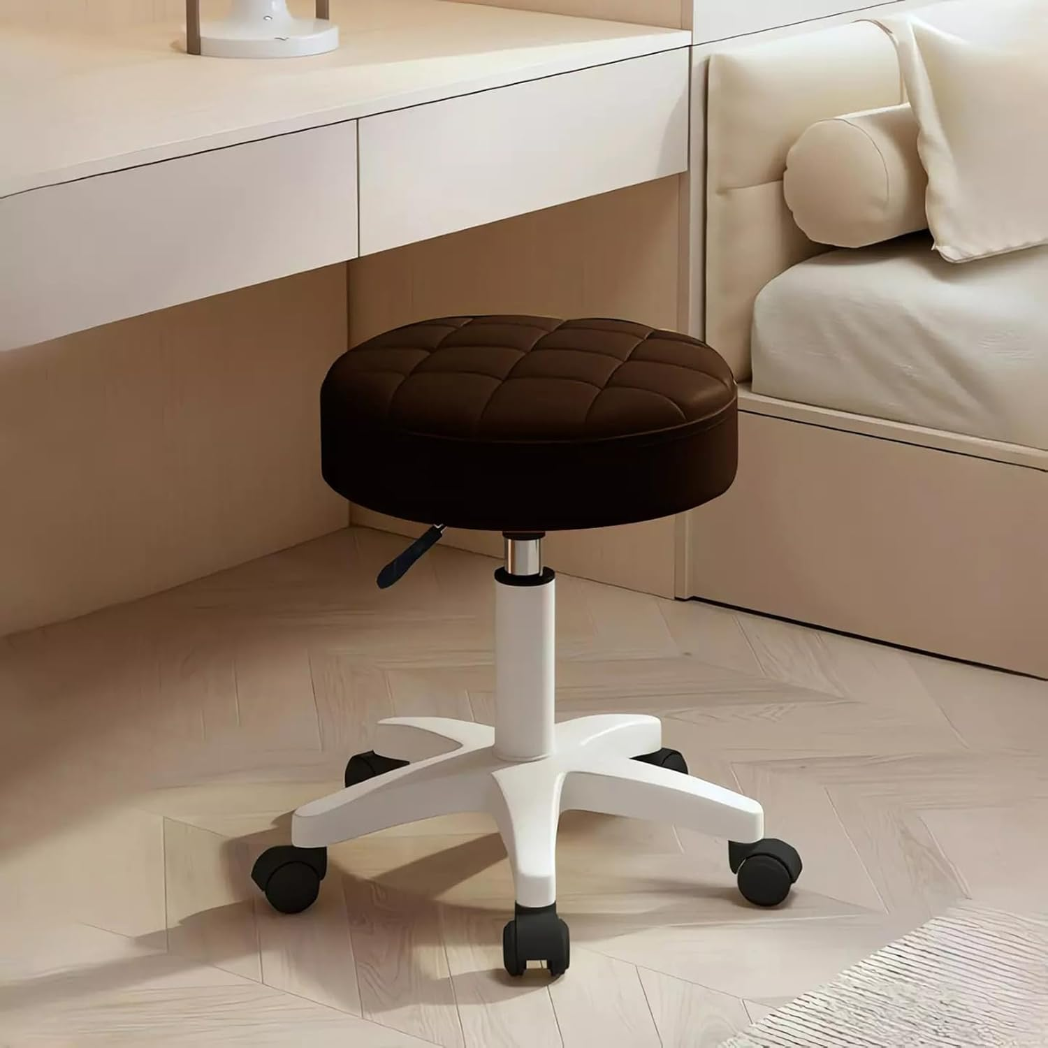 Adjustable Rolling Stool with Quilted Cushion Seat, Elevatable Base, 360&deg; Swivel A173 (E Pink)