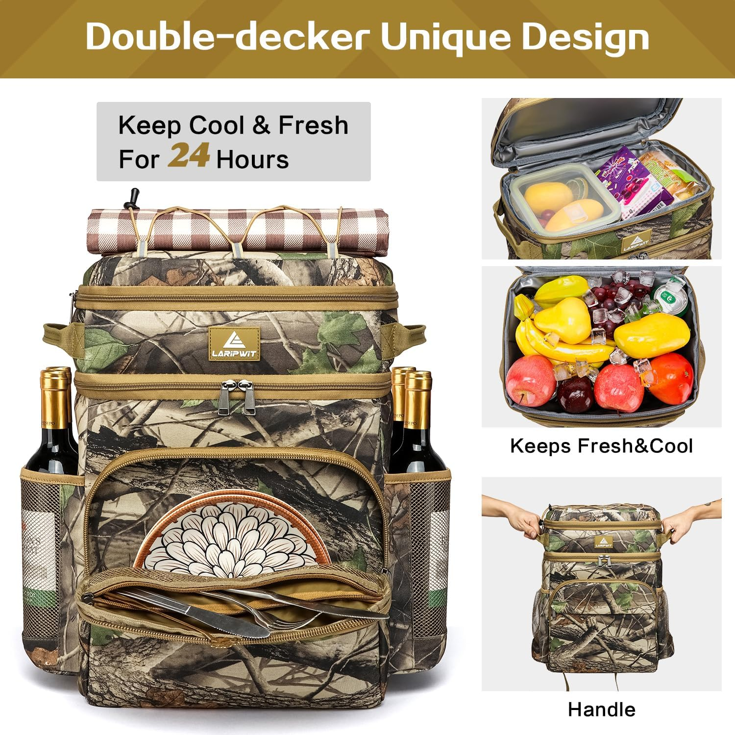 Laripwit Cool Backpack 54 Cans Thermal Cooler Bag Backpack Large Insulated Camouflage Double Deck with Cooling Compartment for Men Women - Perfect Picnic Travel Camping Tactical Beach image number 3