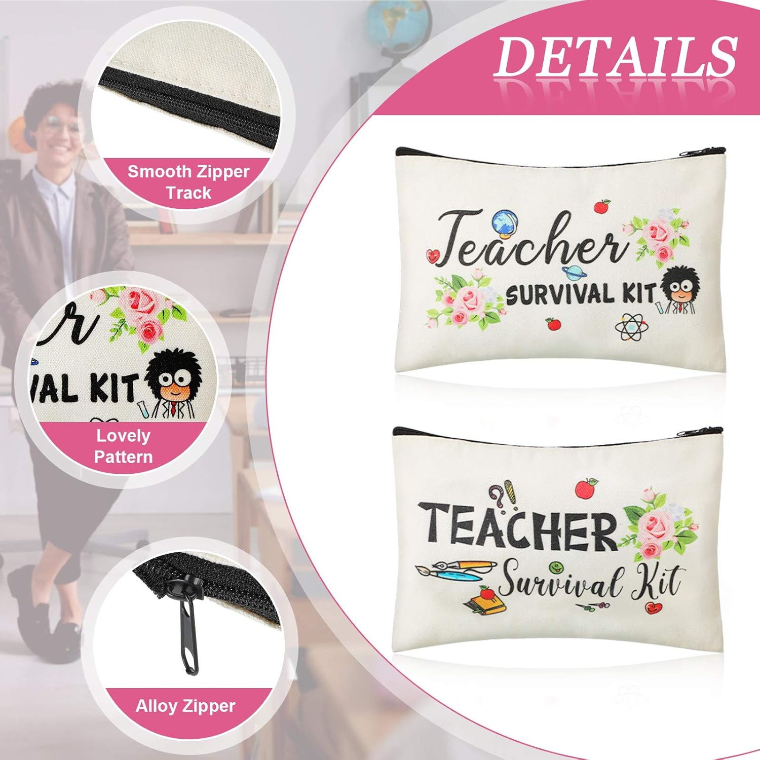 Weewooday 12 Pcs Teacher Appreciation Present Set 6 Teacher Survival Kit Bag Makeup Pouch Pencil Bag, 6 Blessing Card Bracelet Kit(9 X 5.9 Inch,Cute Style) image number 1