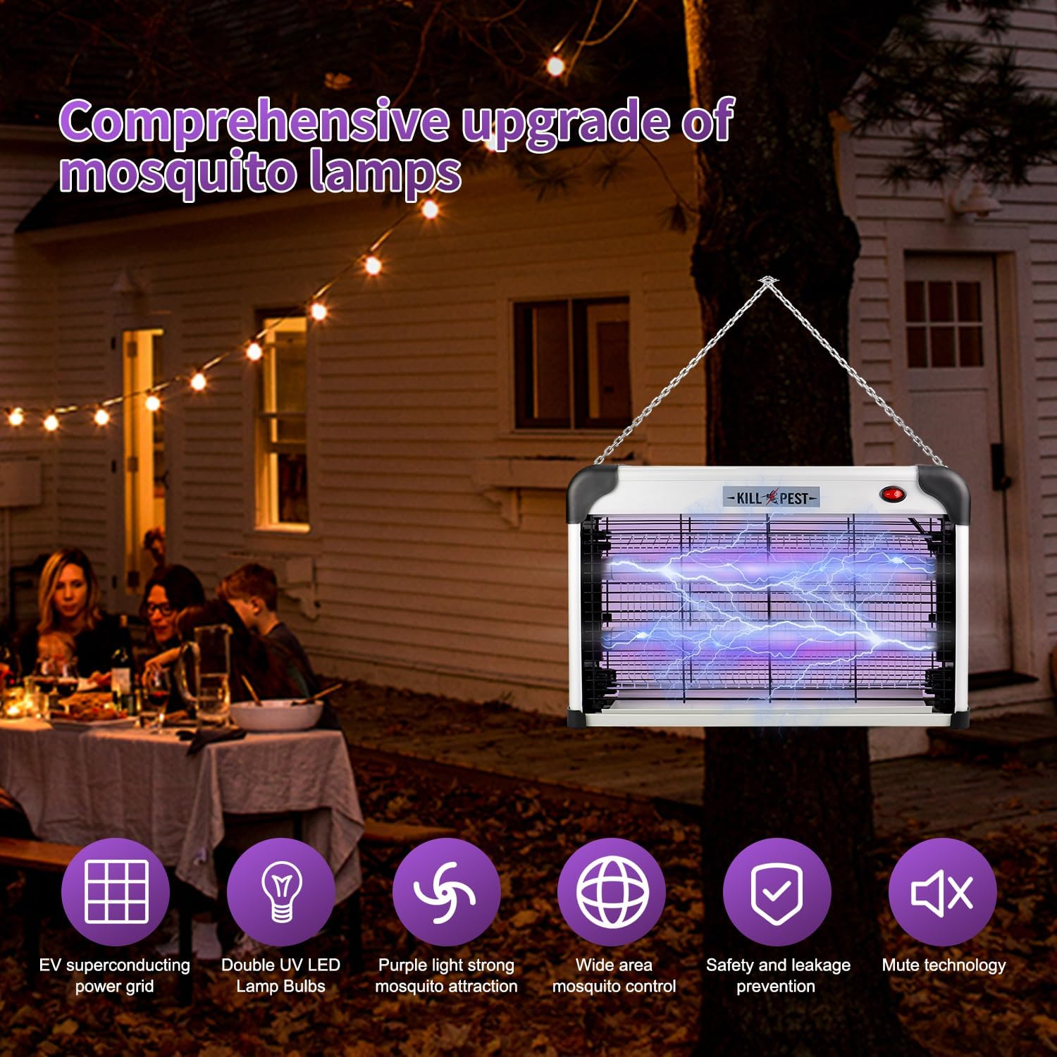 Electric Bug Zapper, 20W Mosquito Zapper Indoor Outdoor, UV Glass Tube Bug Zapper, Flying Insect Killer, Mosquito Killer with Protective Grid, Hanging Insect Trap for Moth, Fly, Insect image number 6
