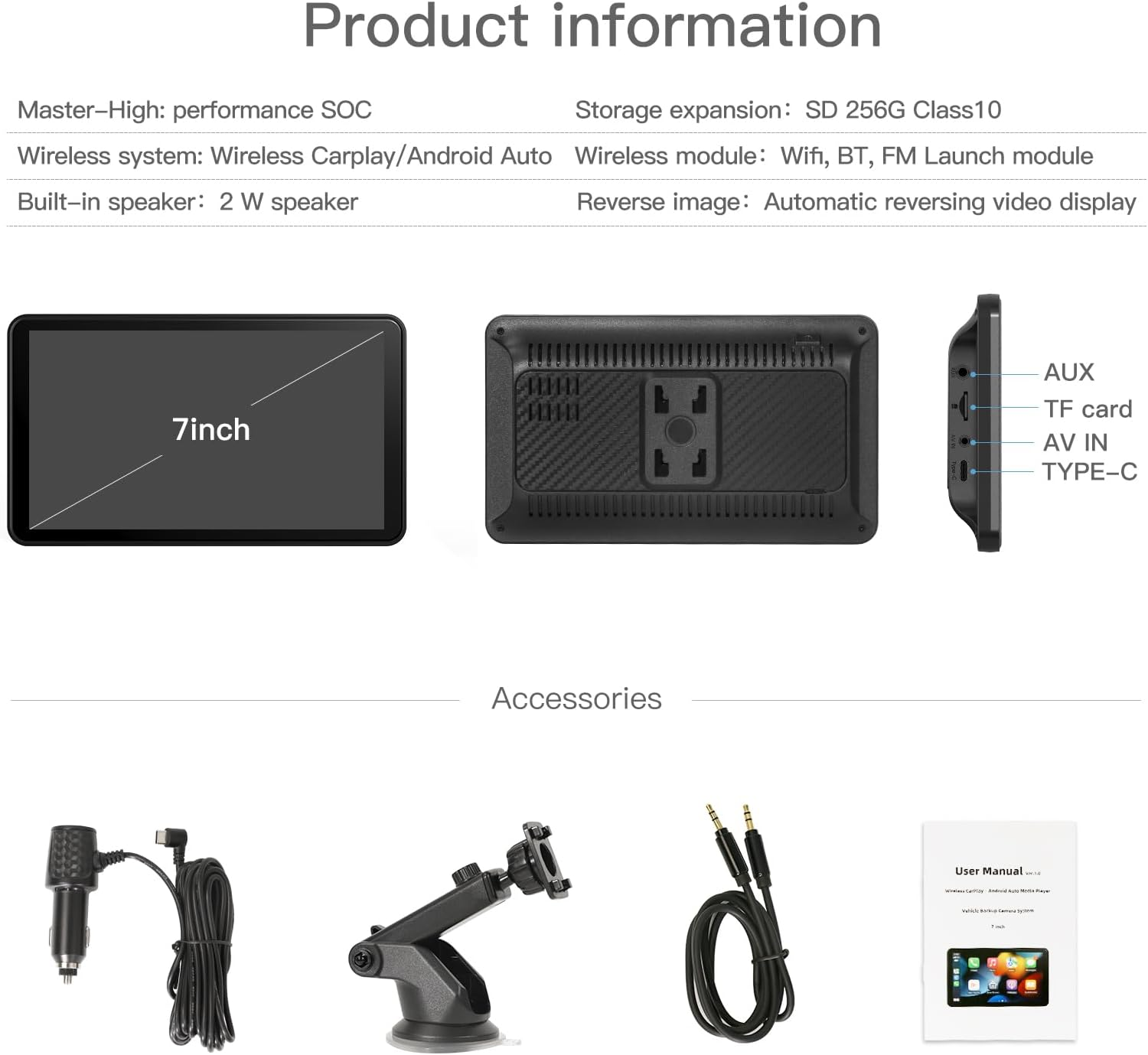 Carabc 7" Wireless Carplay & Wireless Android Auto Touch Screen Car Radio - Portable Dash Mount Adapter with GPS Navigation, Mirror Link FM Voice Control (7Inch-2) image number 5