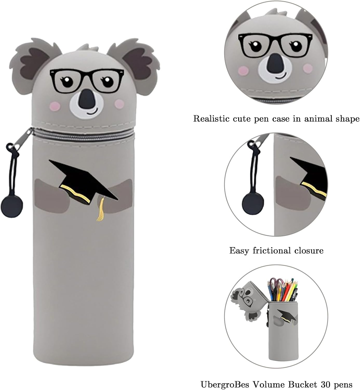 HOPEYMY26 1 Piece Kawaii Pencil Case, Pencil Case Girls, Animal Pen Holder 2-In-1 Zipper Design Silicone Material, Suitable for Storing Colouring Pencils, Markers, H 20 Cm (Koala)