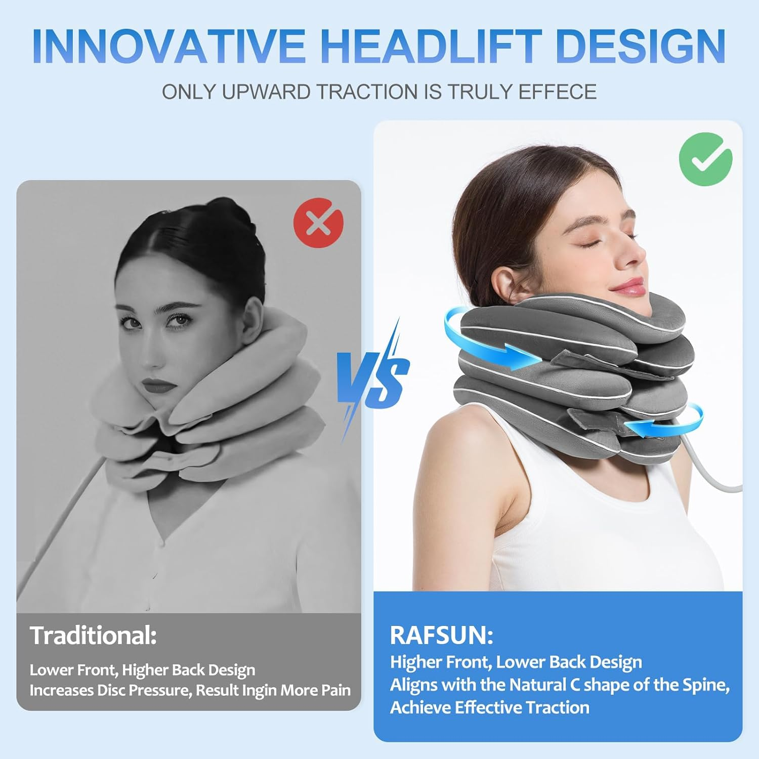 RAFSUN Inflatable Neck Stretcher with Brace - Adjustable Cervical Traction Device for Neck Pain Relief, 3-Layer Decompression Pillow, Washable & Breathable, for Men & Women, Grey image number 6