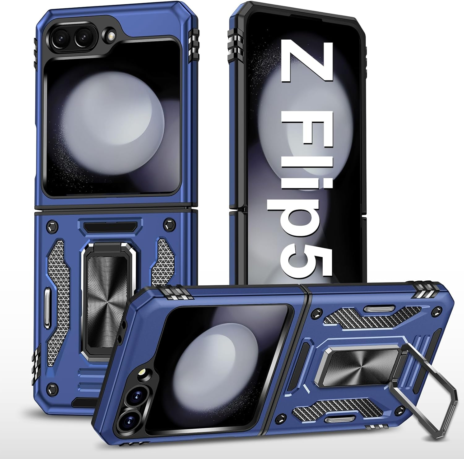 Mobile Phone Case for Samsung Galaxy Z Flip 5 Case with Slide Camera with Camera Protection Galaxy Z Flip 5 Protective Case 360&deg; Rotating Metal Ring Stand Shockproof for Samsung Z Flip 5 5G (Grey)