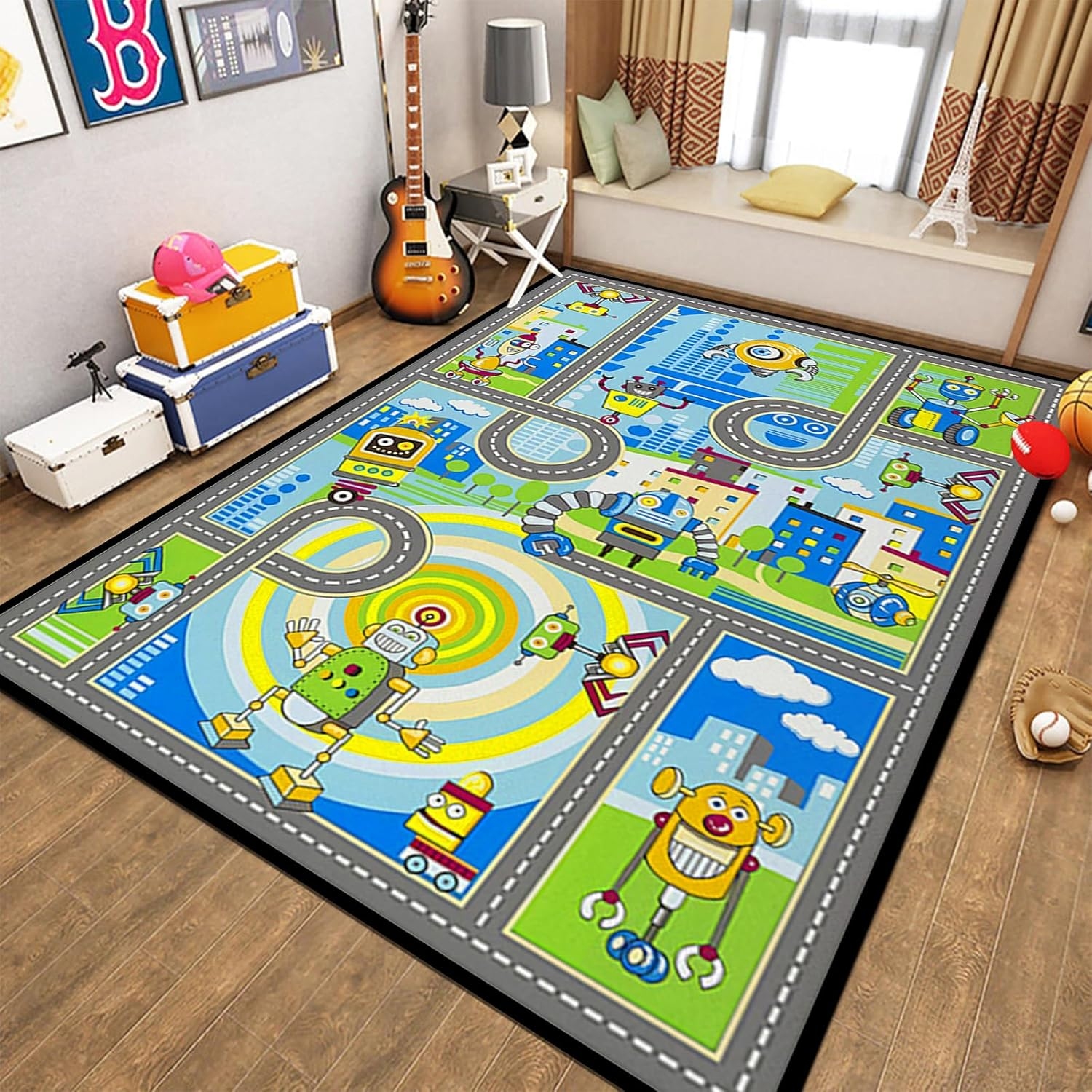 Kids Carpet City Play Mat, Kids Car Rug Play Mat, Educational Learning Carpet City Road Traffic Fun Play Area Rugs, Non-Slip Floor Mat for Playroom Room Decor (Road 2, 100 * 150Cm)