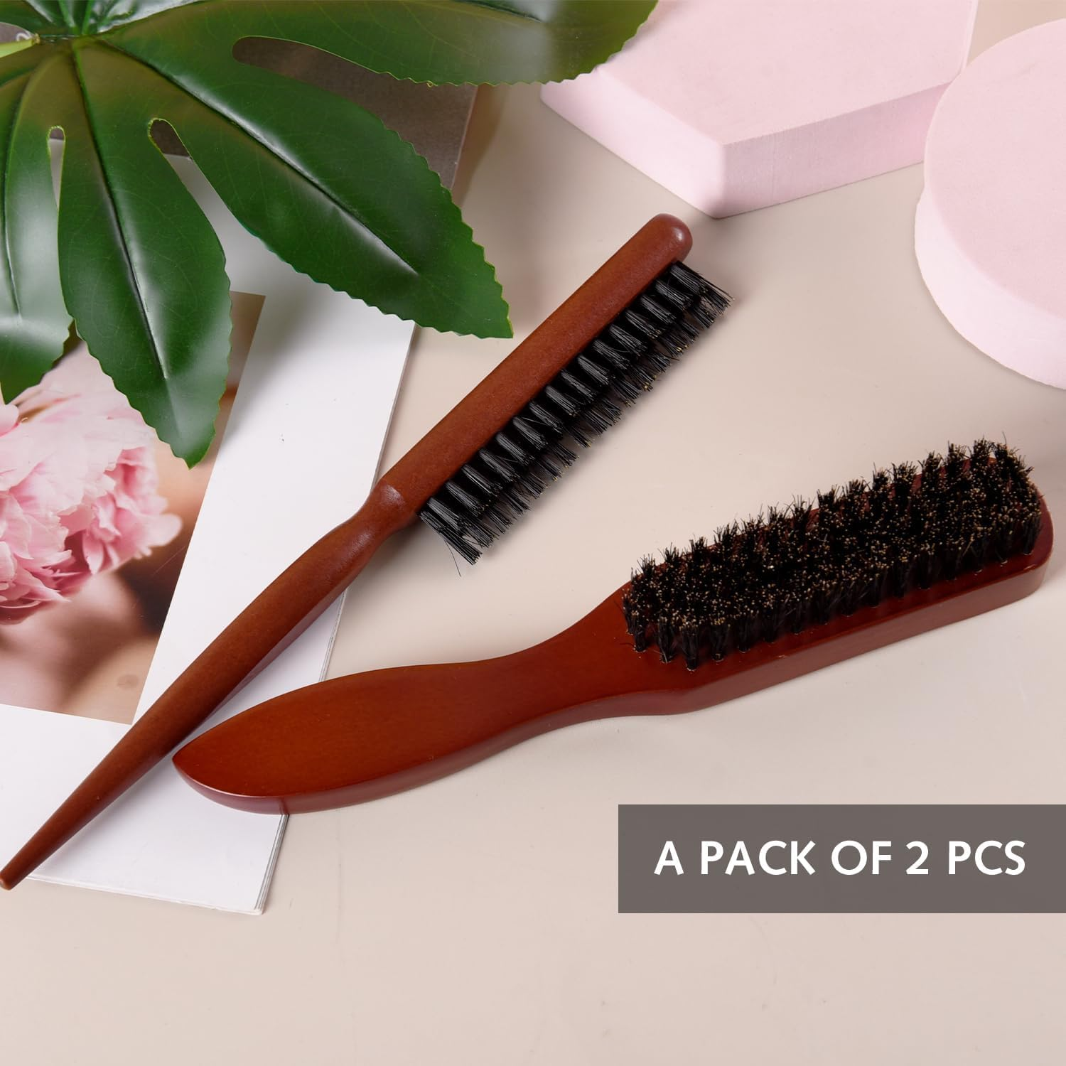 Pack of 2 Boar Bristle Hair Brush, Comb and Scissors Tools, Comfortable Handle, Easy to Carry, Suitable for Trimming and Combing Long, Thick, Curly, Thin, Thick Hair, Beard image number 5