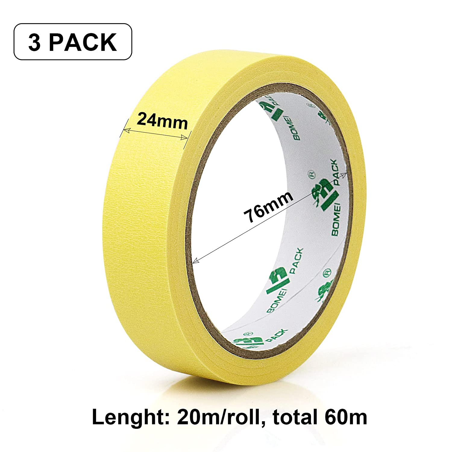 BOMEI PACK Yellow Masking Tape Decorative Writable Yellow Painters Tape for Arts & Crafts,3 Rolls Pack, 24Mm X 20M per Roll image number 5