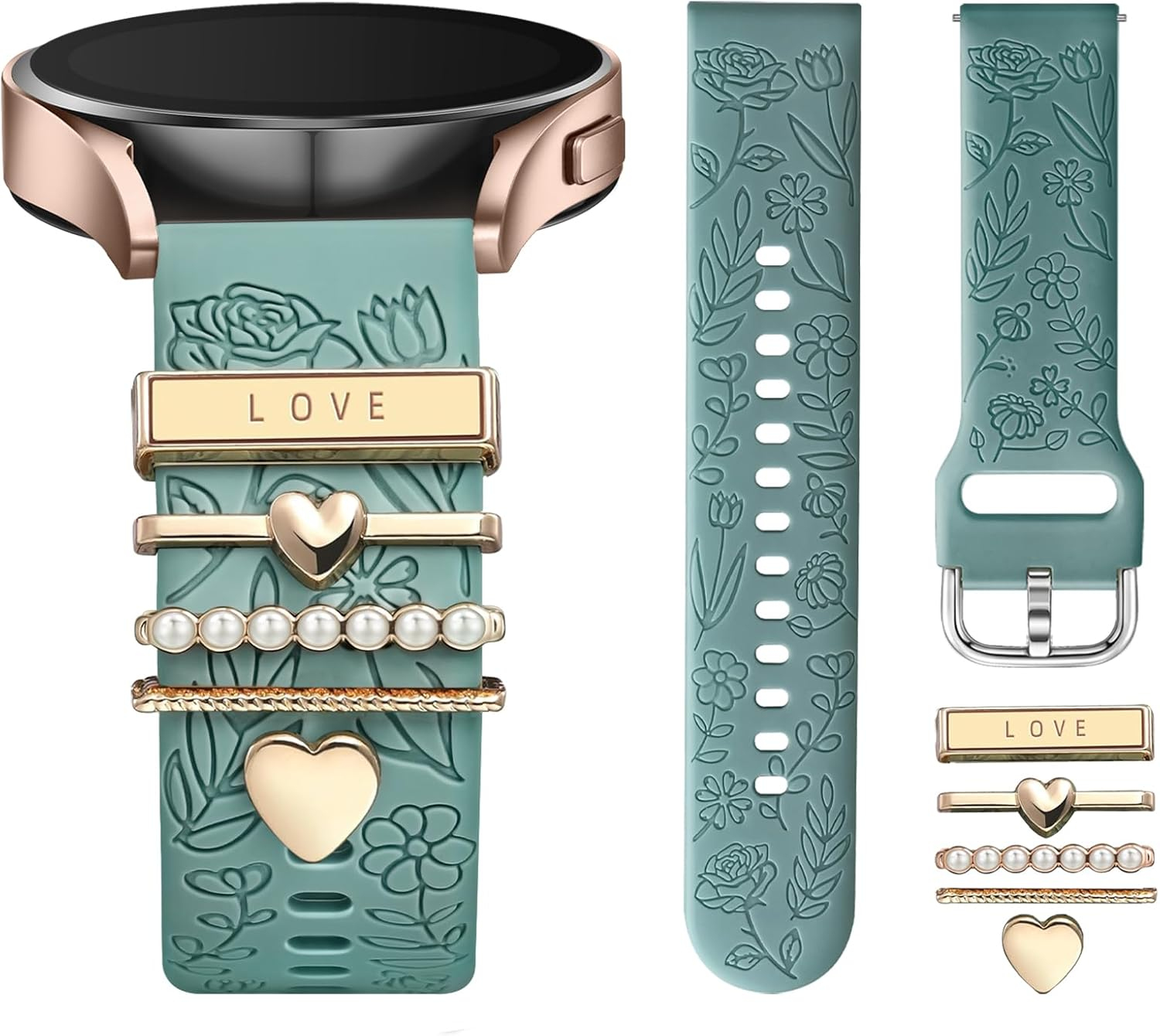 Getino Flower Engraved Band Compatible with Samsung Galaxy Watch 7 Band/Fe 6 5 4 40Mm 44Mm,Galaxy Active 2, 20Mm Watch Band Soft Silicone Replacement Strap with Decorative Charms Accessories Women