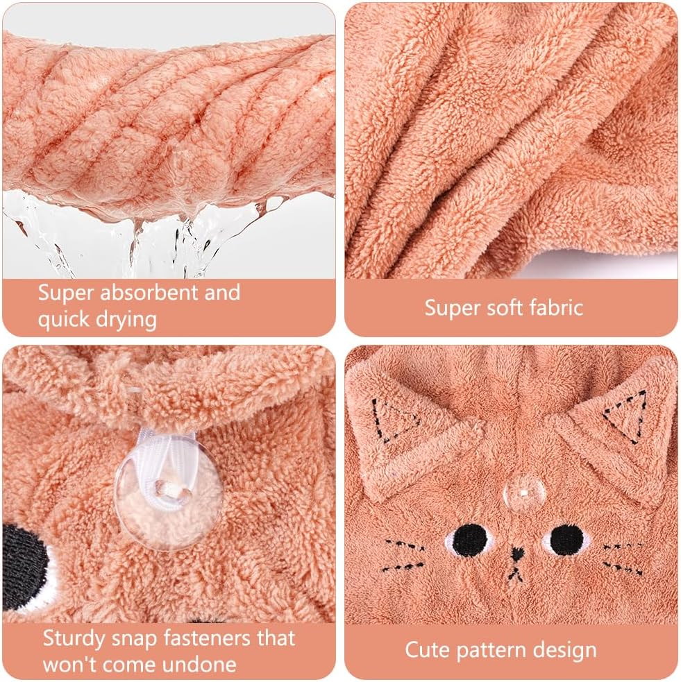 Pack of 2 Microfibre Hair Towel Wraps, Hair Plopping Towel Curly, Quick-Drying Hair Turban, Wrap Super Absorbent, Dark Pink, Grey, Cat Coral Fleece Absorbent Hair Towel for Women Girls image number 4