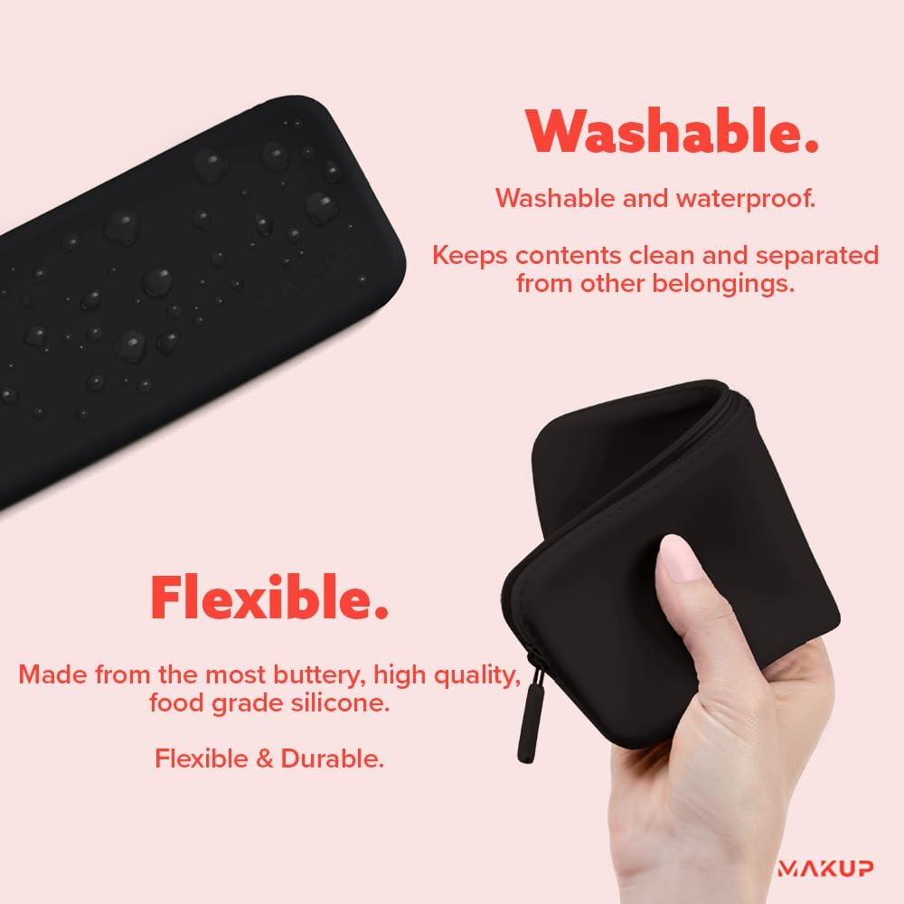 MAKUP Silicone Makeup Bag, Makeup Brush Holder with Zipper for Organizing Cosmetics, Makeup Brushes, Tools and Pencils, Washable Makeup Brush Holder Pouch for Travel (Black Out) image number 5