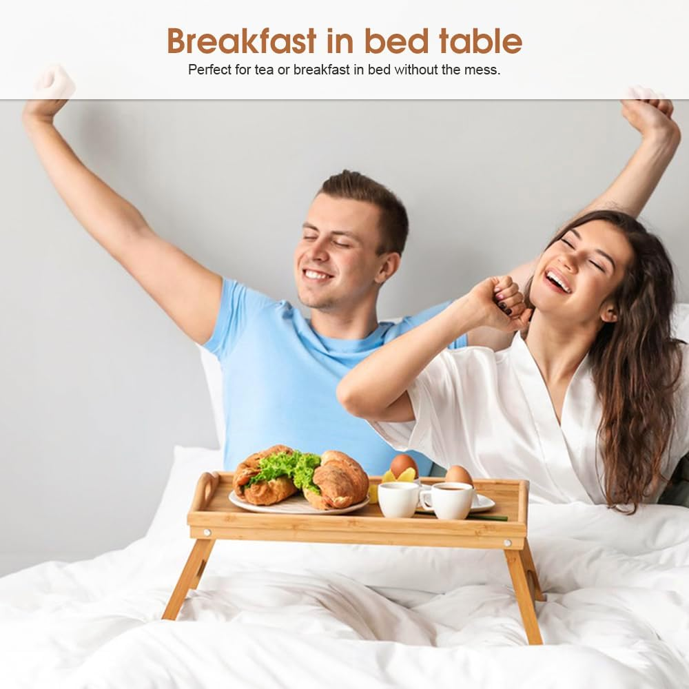 Clevinger Bamboo Bed Breakfast Tray, Breakfast Serving Table with Foldable Legs & Handles, Used as Laptop Computer Desk Snack Table TV Table,Snack Tray for Kids,Couples,Sofa,Eating,Working (1 Pack)