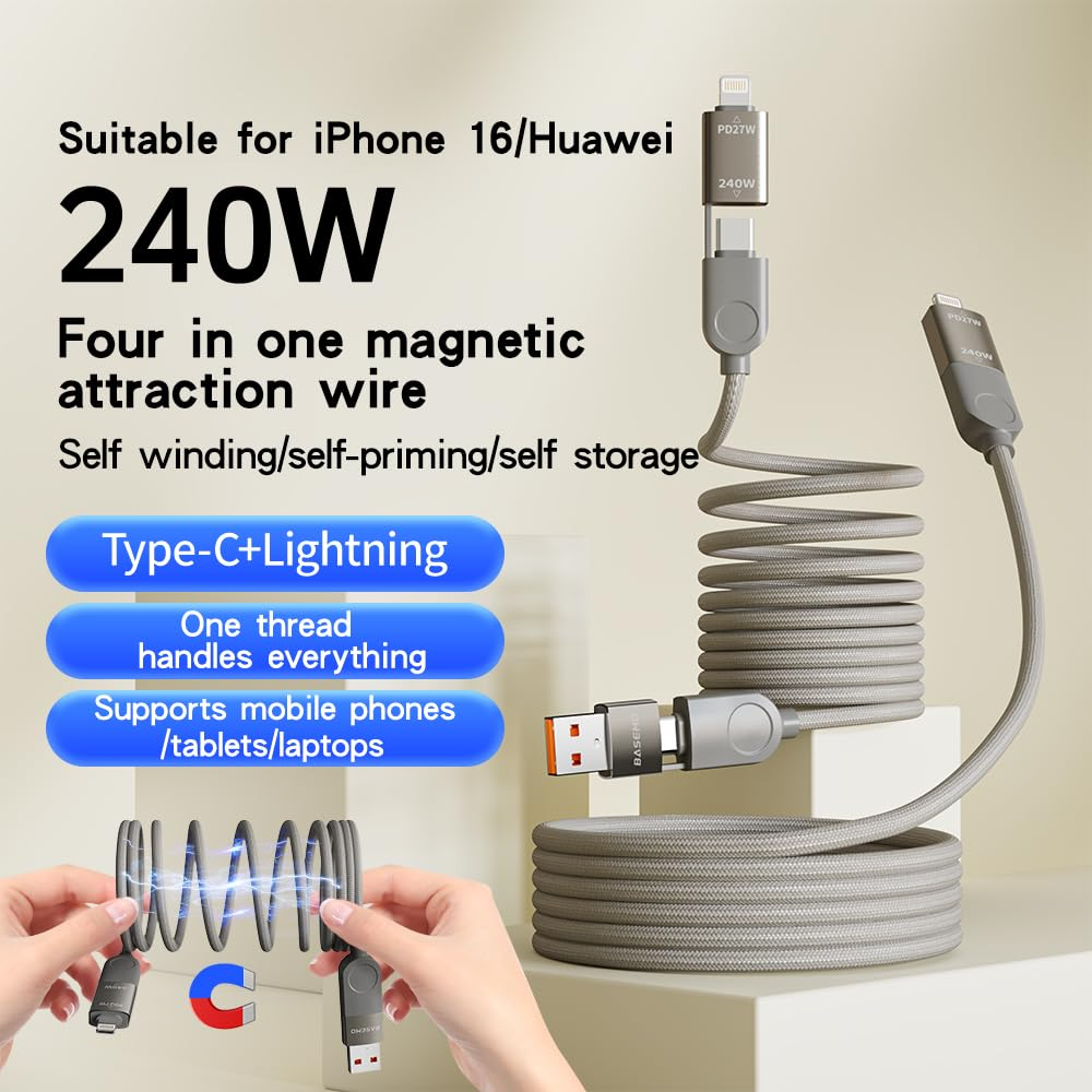 240W Magnetic USB C Cable [Automatic Coiled], 4-In-1 Multi Charging Cable (1.2M), USB A/C to C/L, Fast Charger for Iphone 16/15/14 Pro Max, Macbook, Ipad, Samsung S24 & More image number 4