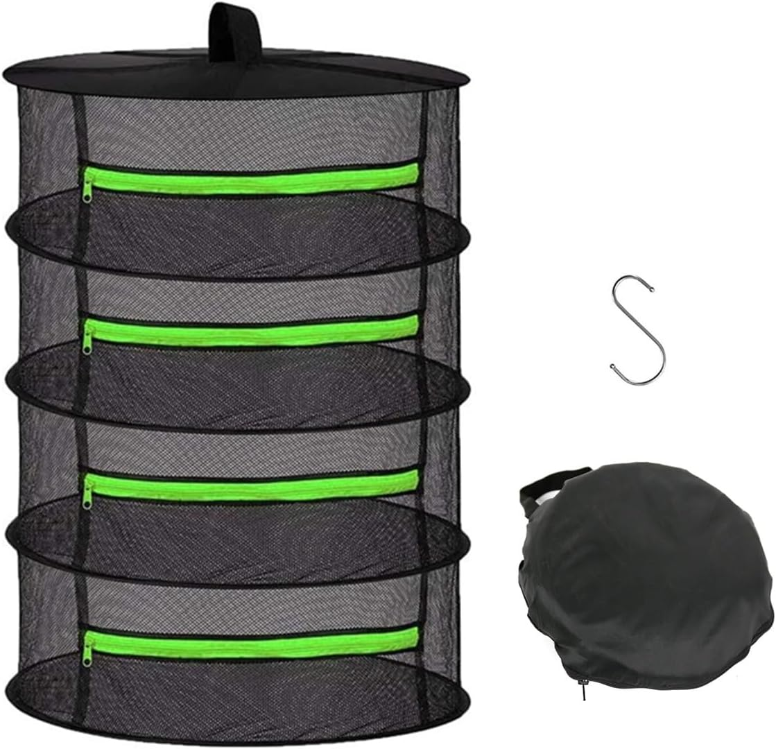 4 Layer Herb Drying Rack,Hanging Plant Drying Net with Green Zippers,Foldable Mesh Rack,For Drying Flowers,Vegetables, Herb,Garden(24X24X31.5Inch) image number 3
