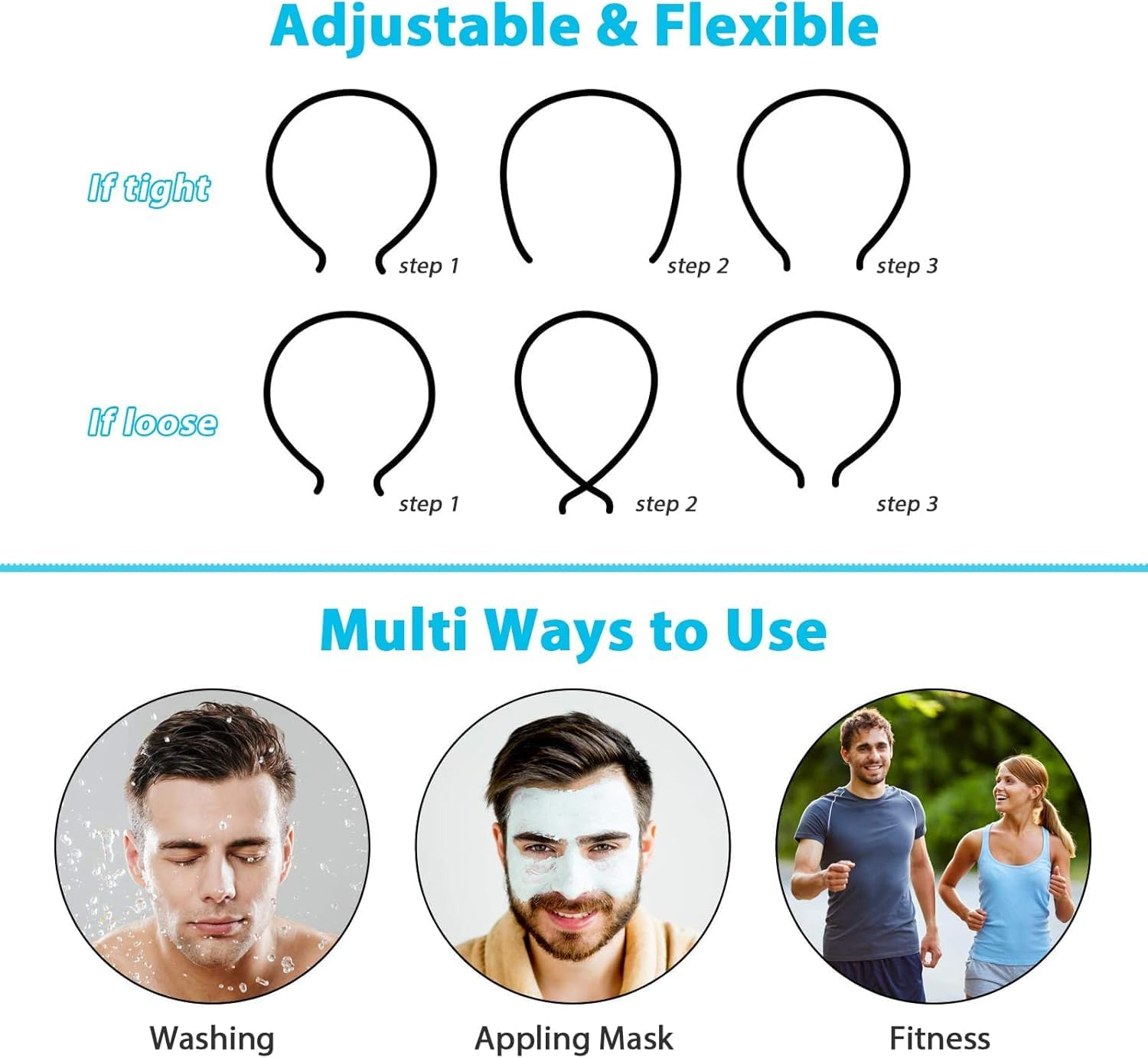 Aufwolken 3 PCS Metal Headband Black - Unisex Sport Fashion Hair Accessories, Spring Wave Hair Hoop Band for Men & Women image number 2