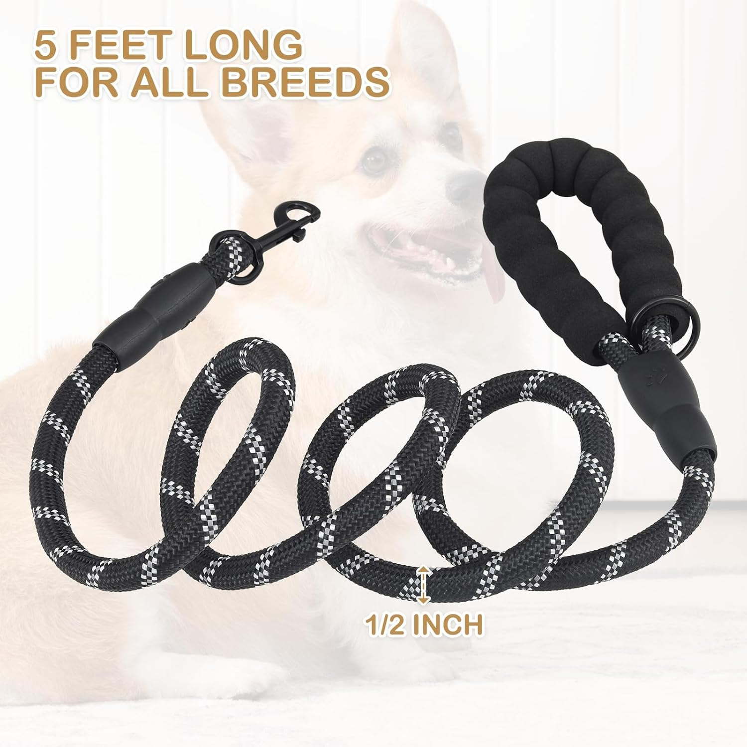 Training Leash for Dogs, 3M (10FT) Strong Rope Dog Lead Leash with Soft Padded Handle & Heavy Duty Hook, Reflective Recall Training Lead for Small Medium Large Dogs(Black)