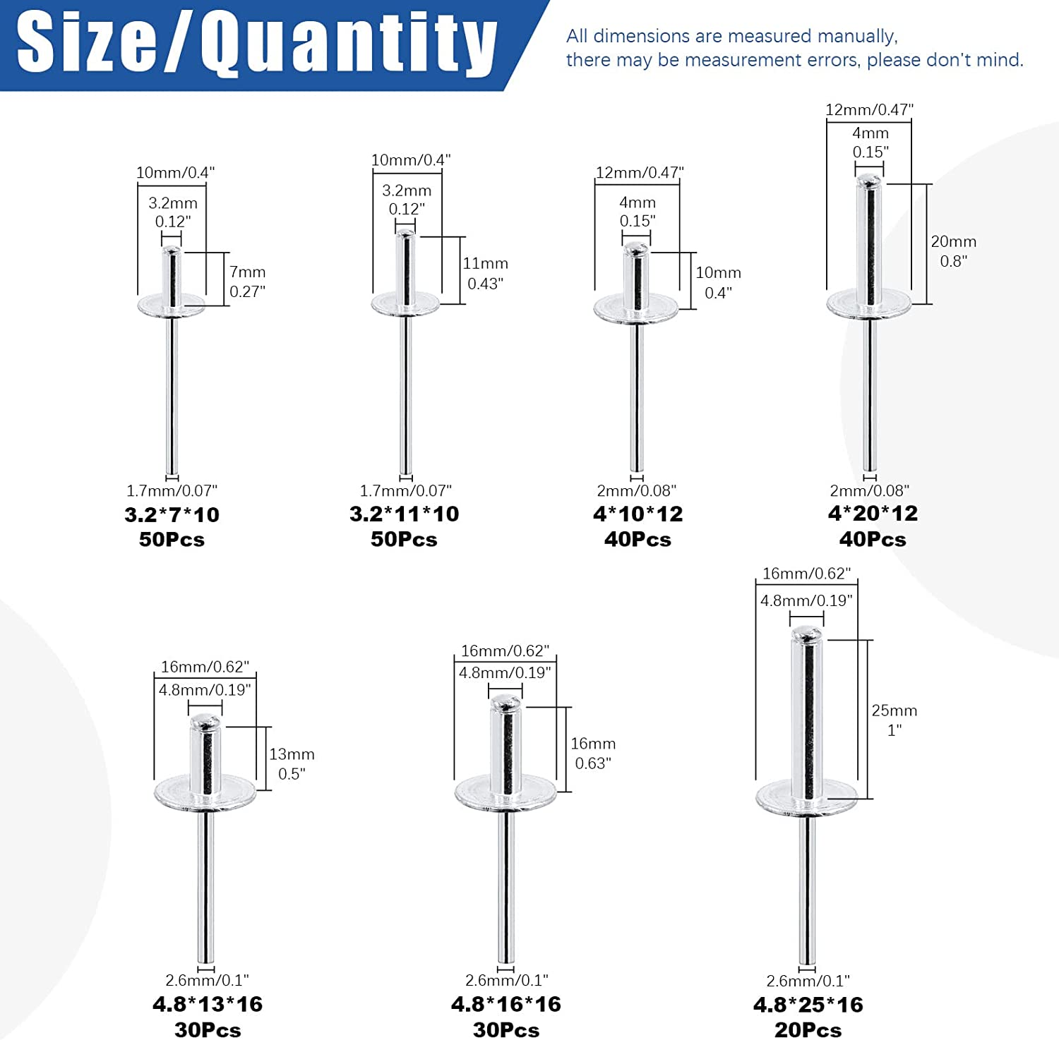 Glarks 260Pcs 7 Sizes Large Flange Aluminum Blind Rivets Pop Rivets Assortment Set for Joining Metal Plate Pipe Automotive image number 5