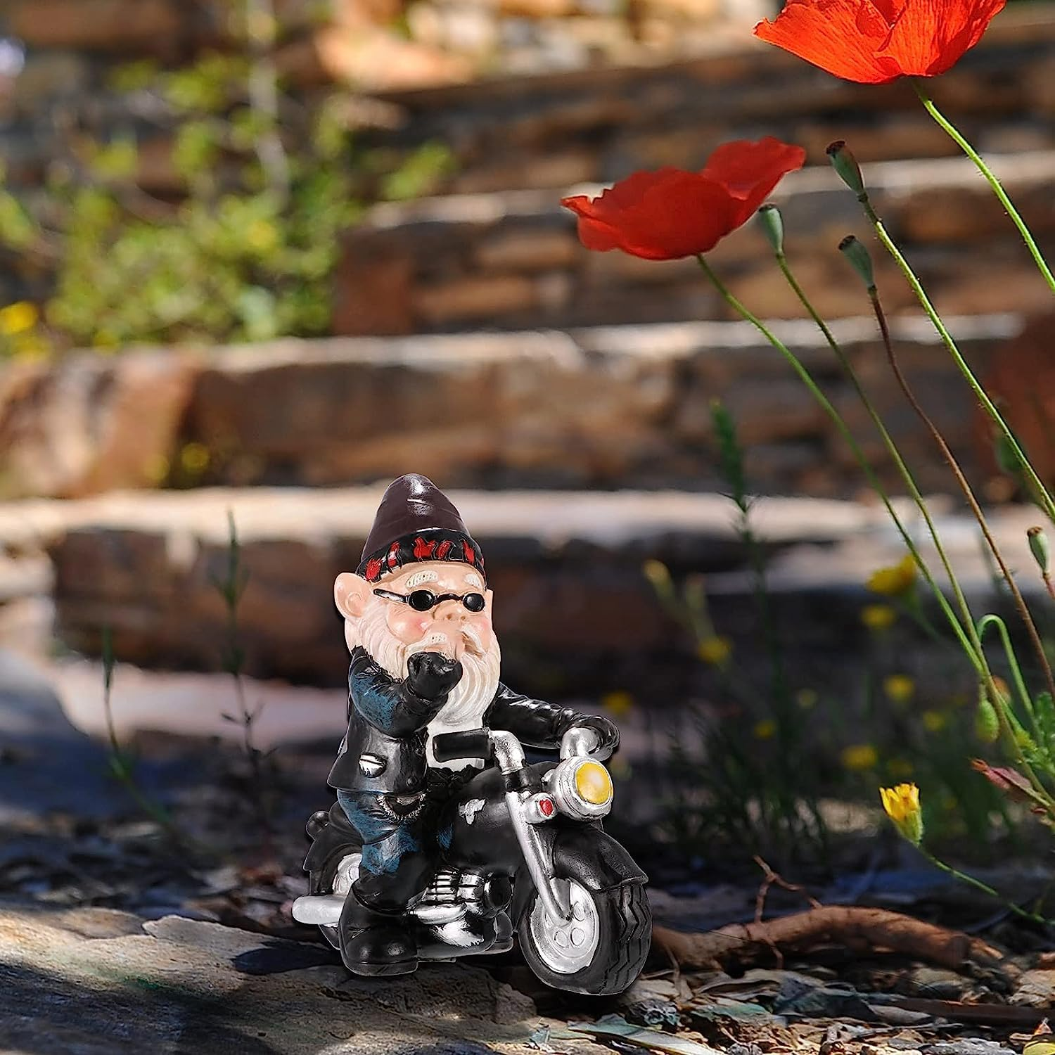 Garden Statues Outdoor, ALLOMN Dwarf Ornament Decorative, Gnome Figurine Resin Garden Statue Waterproof Art Ornament Funny Interesting Garden Decor Sculpture Dwarf Ride Motorbike for Garden Patio Lawn image number 6