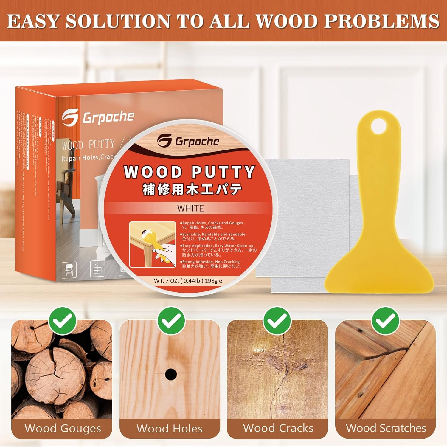 Wood Filler White Putty Water-Based Wood Filler Paintable Stainable Premium Wooden Repair Kit for Door Trim Restore Table Cabinet Floors Hole image number 2