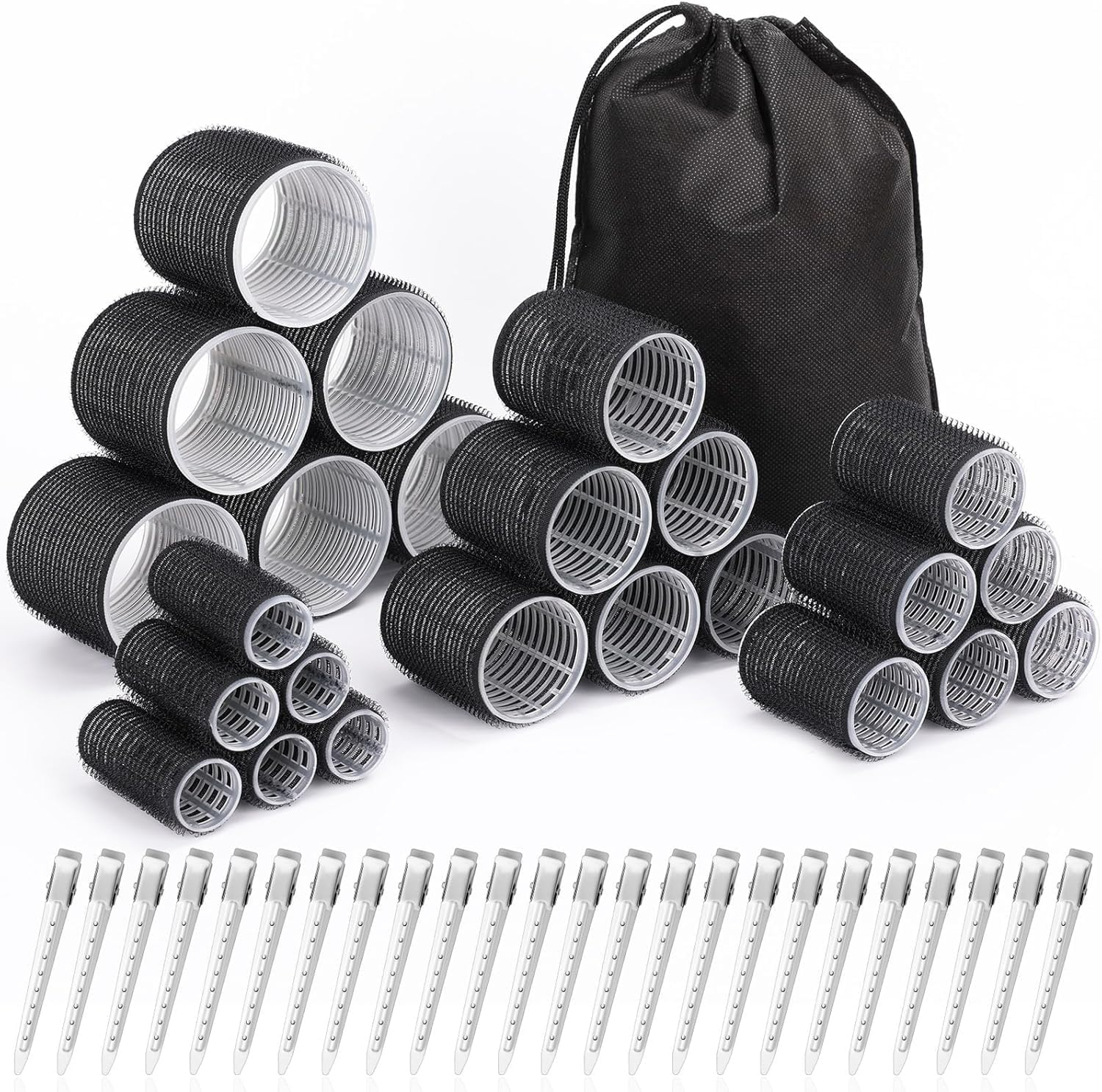 Curlers 48 Pcs Set with 24Pcs 4 Sizes (6 Jumbo/6 Large/6 Medium Rollers/6 Small Rollers) and 24 Pcs Clips for Long Medium Short Hair (Black)