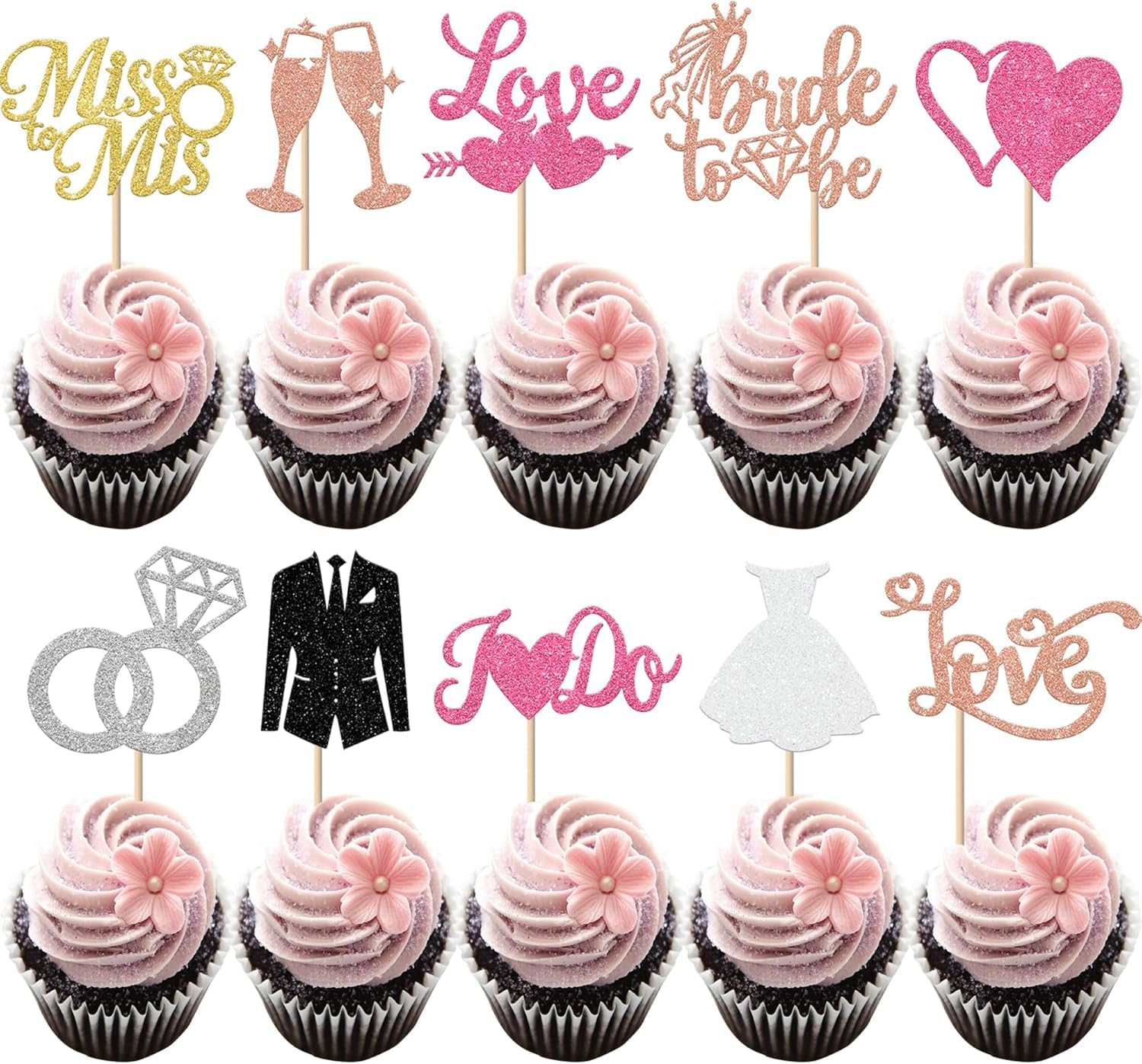 30 Pack Bride to Be Cupcake Toppers Gold Glitter I Do Love Heart Ring Miss to Mrs Cupcake Picks Bridal Shower Cake Decorations for Wedding Engagement Bachelorette Party Supplies (Multi)