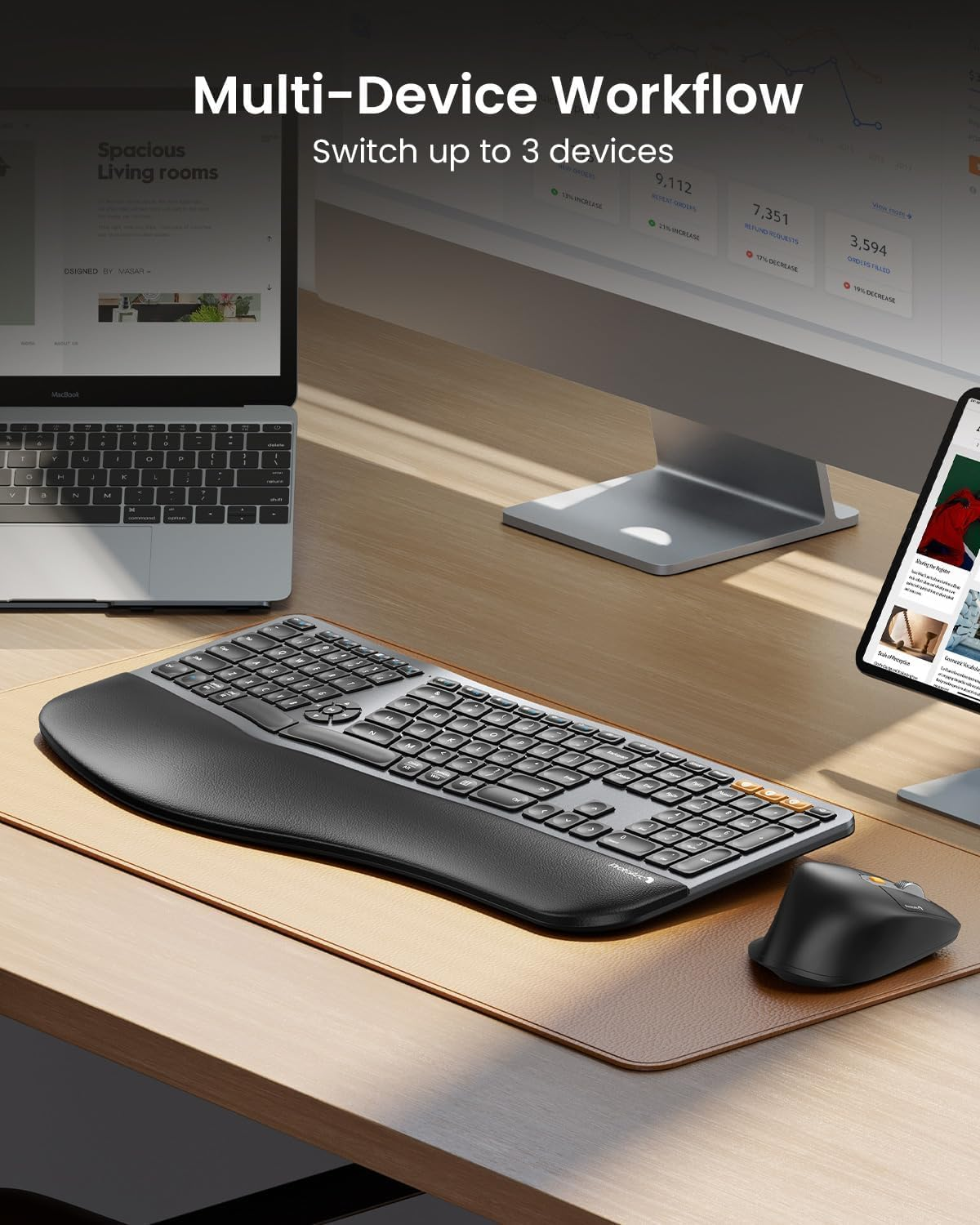 Protoarc Ergonomic Keyboard Mouse, Full Size Wireless Bluetooth Ergo Keyboard Mouse Combo, Cushioned Palm Rest, Split Design, Rechargeable, Compatible for Windows, Mac OS - Gray and Black image number 4