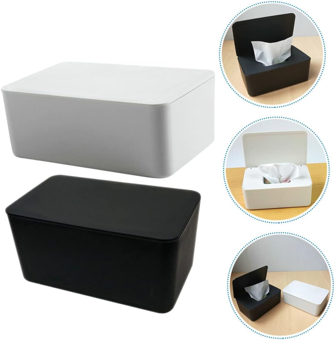 LABRIMP Wet Tissue Box and Napkin Storage Container with Lid, Dustproof Sealed Wipe Holder for Home and Office Desktop, 2Pcs White and Black image number 1