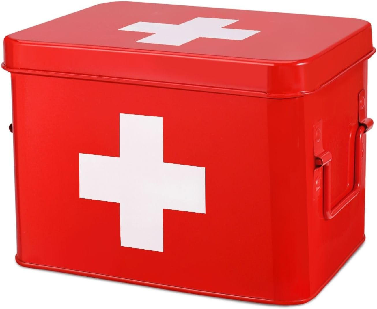 Flexzion First Aid Box Organizer Empty 13" White Vintage First Aid Kit Tin Metal Medical Box - First Aid Storage Box Container Bins with Dividers, Removable Tray and Red Cross Logo