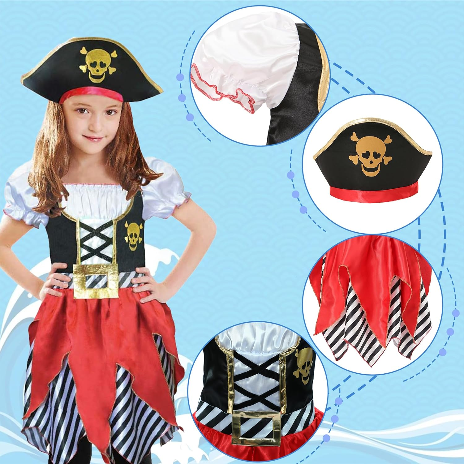 Sincere Party Girls Pirate Costume Pirate Bucaneer Princess Deluxe Dress&Pirate Hat for Kids 3-10Years