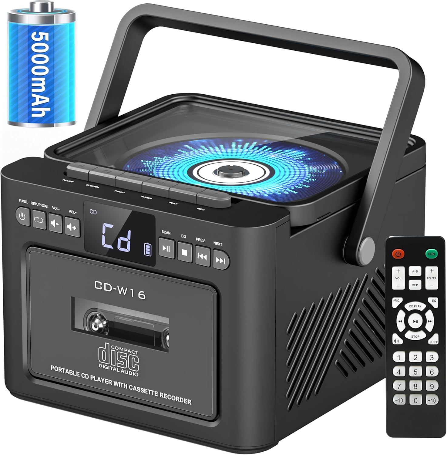 Boombox Cassette CD Player Bluetooth5.1 with 5000Mah Battery,5W Dual Stereo Speakers,Rechargeable CD Player with FM Radio,Remote Control,Tape Recording,3.5Mm Earphone Jack,Aux/Micro SD/USB for Home image number 3