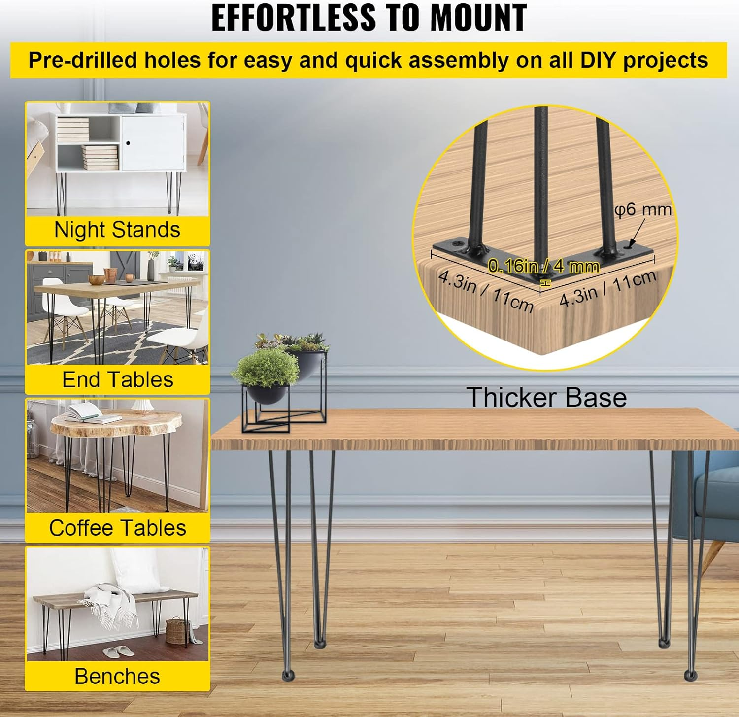 VEVOR Hairpin Table Legs 16" Black Set of 4 Desk Legs 880Lbs Total Load Capacity Hairpin Desk Legs 3 Rods for Bench Desk Dining End Table Chairs Carbon Steel DIY Heavy Duty Furniture Legs