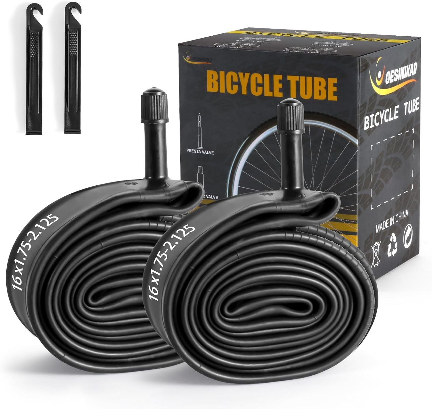 2 Pack 16 Inch Bike Tube Av32Mm Schrader Valve, Bicycle Tube with 2 Tire Levers Fit 16 X 1.75/1.9/1.95/2.0/2.1/2.125, Butyl Rubber Inner Tube for Kids/Mountain/Mtb Bike