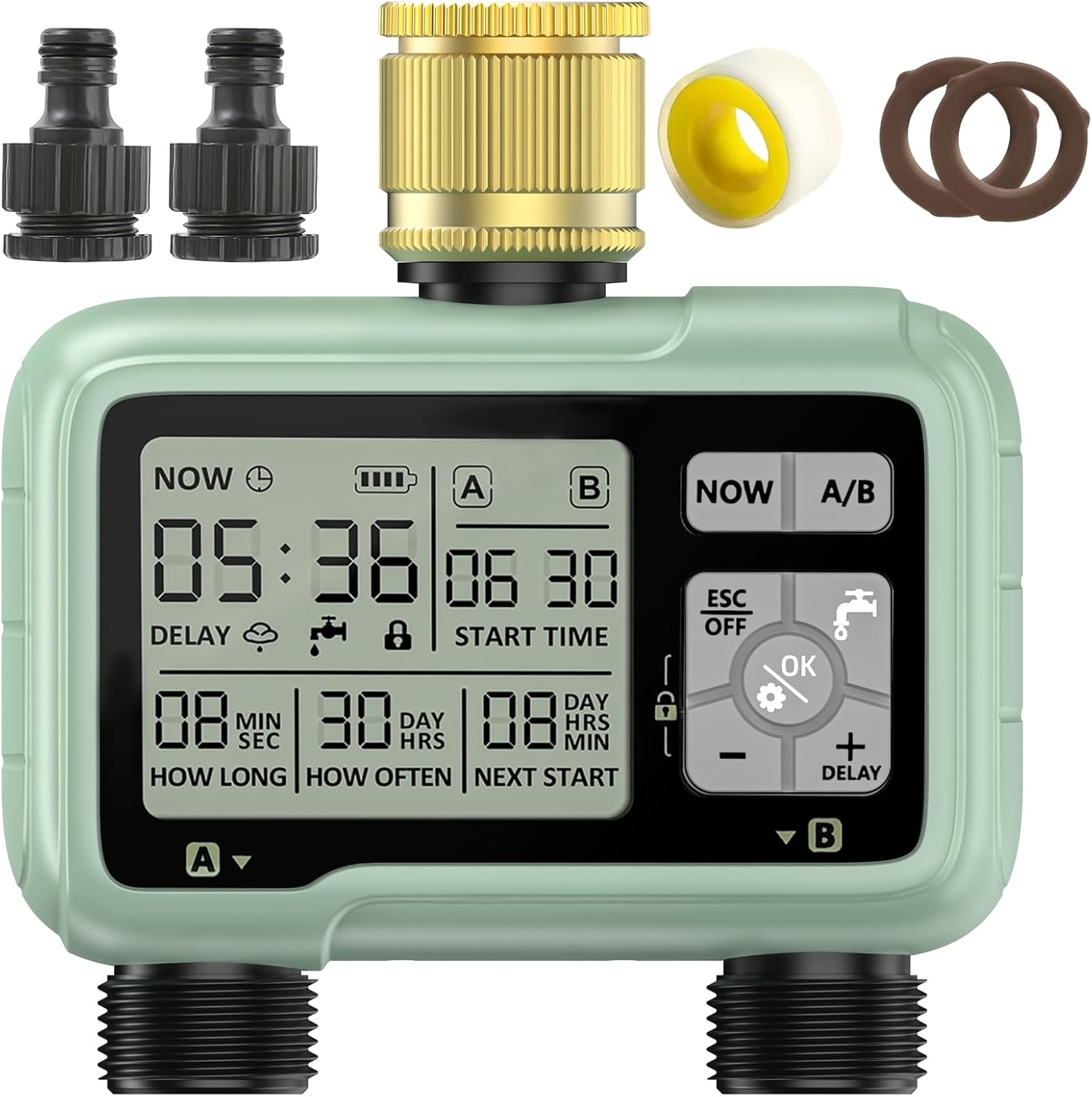 Sprinkler Timer Brass 4 Outlet, Programmable Water Timer for Garden Hose Faucet, Waterproof Gardening Supplies, Automatic Drip Irrigation System Outdoor with Sprinklers for Yard, Lawn, Greenhouse