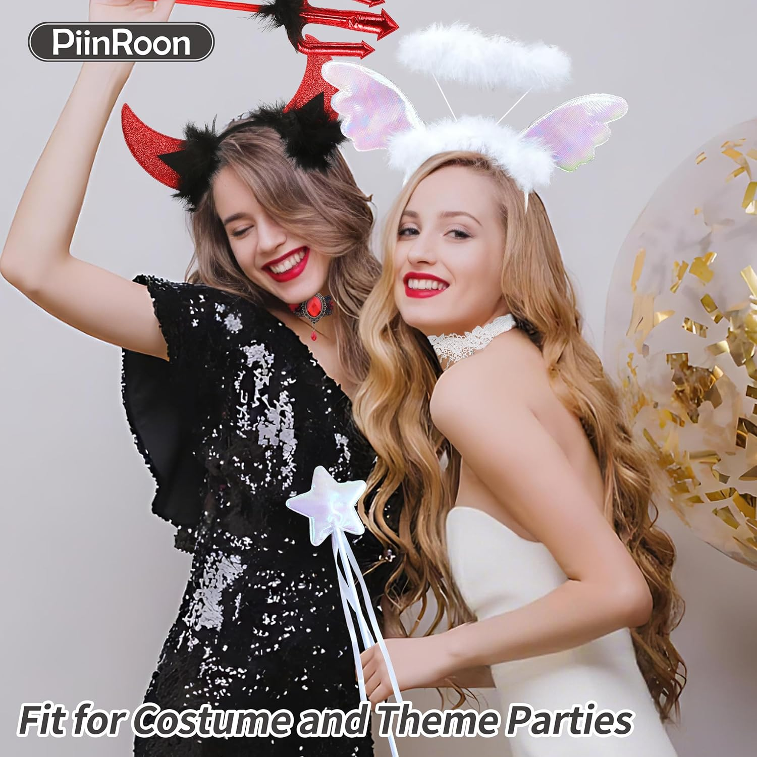 Piinroon Halloween Headbands, 6 Pcs Angel Halo Headband and Devil Horns Headband Set, Black White Halloween Hair Accessories with Choker Necklace for Women Costumes Accessories image number 5