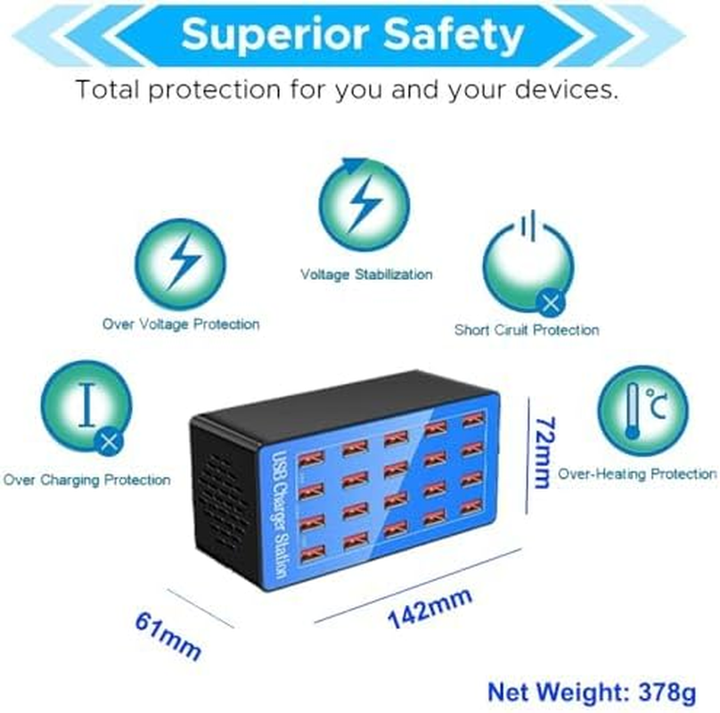 USB Charger Station,20-Port 100W/20A Multiple USB Charging Station,Multi Ports USB Charger Charging for Smartphones，Tablets，And Other USB Devices. image number 1