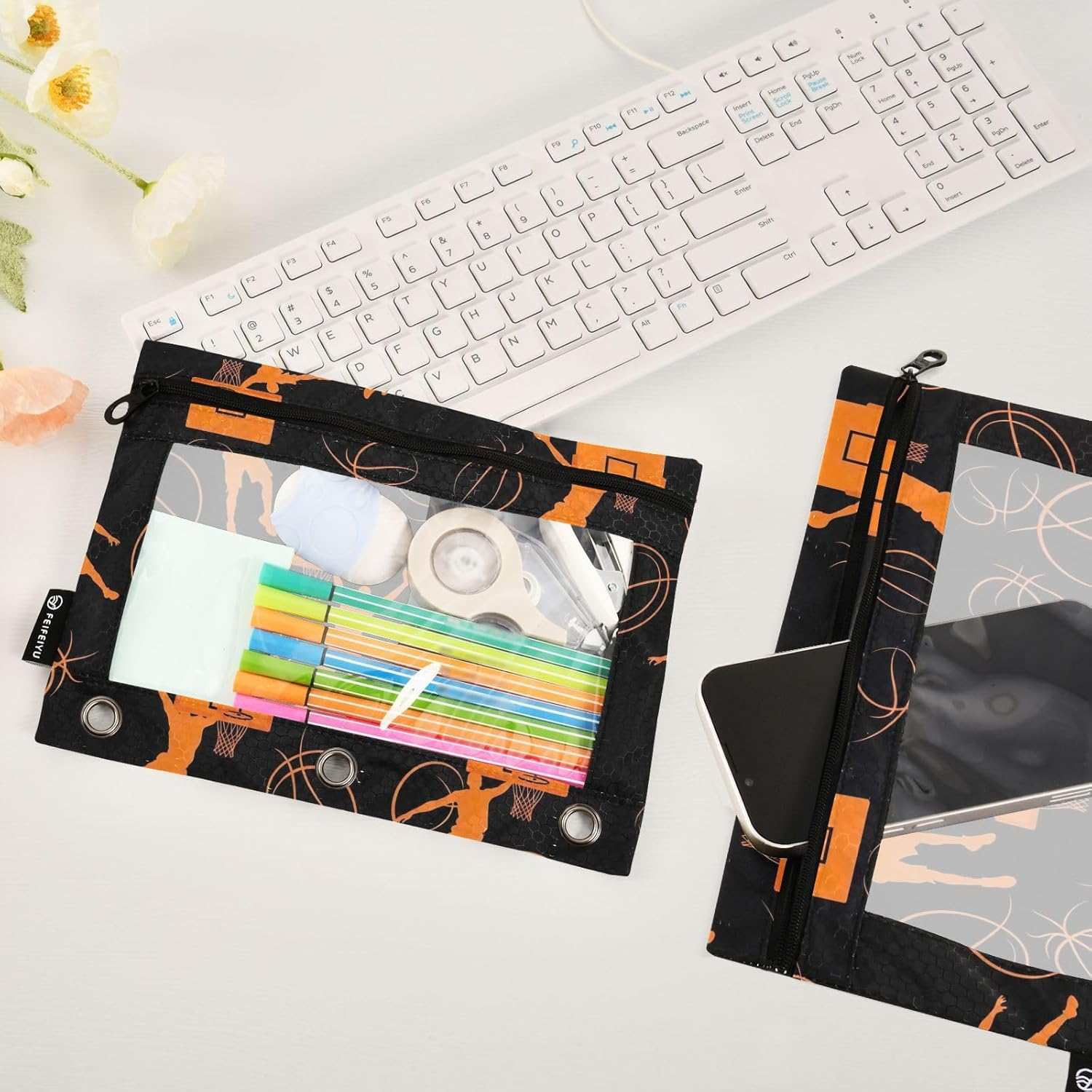 Orange Basketball Players Black Pencil Zipper Pouch with Clear Window for Home/Office/School Supplies, 2 Pack - Palm Trees Striped image number 4