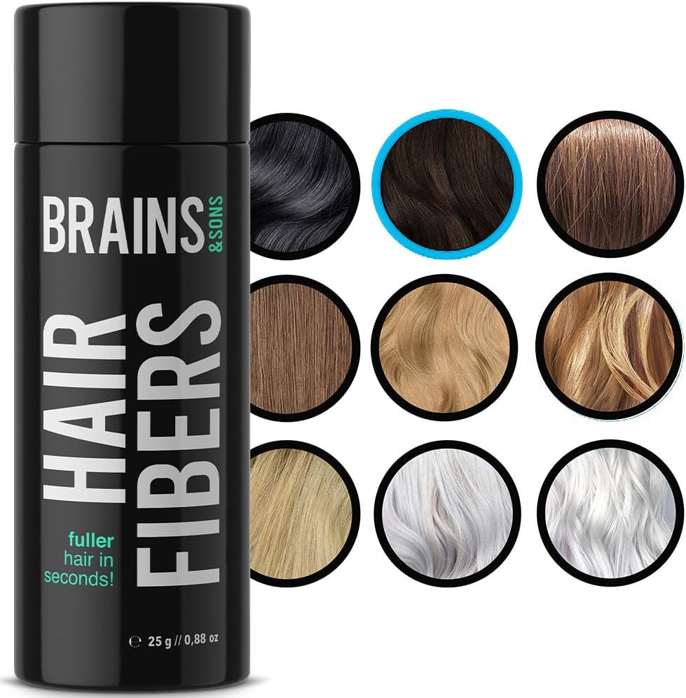 Brains & Sons Hair Fiber - Premium Hair Thickener &ndash; Immediately Conceals Receding Hairlines, Hair Loss, Balding Areas and Thinning Hair &ndash; Undetectable Keratin Fibers - Hair Powder | 25G (DARK BROWN)