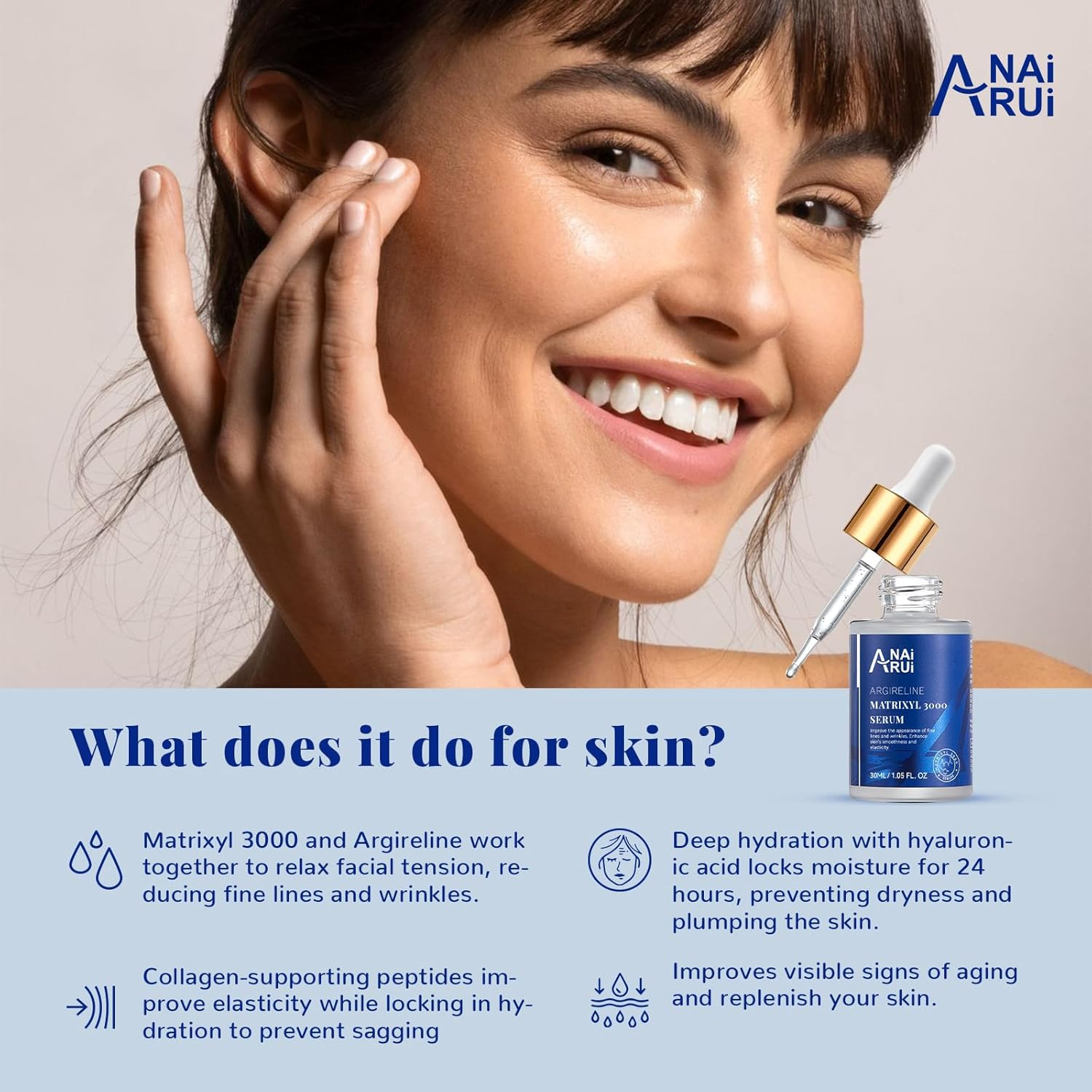 ANAI RUI Matrixyl 3000 + Argireline Serum with Hyaluronic Acid - Reduce Fine Line - Facial Skin Serum 1.05 Fl.Oz image number 3