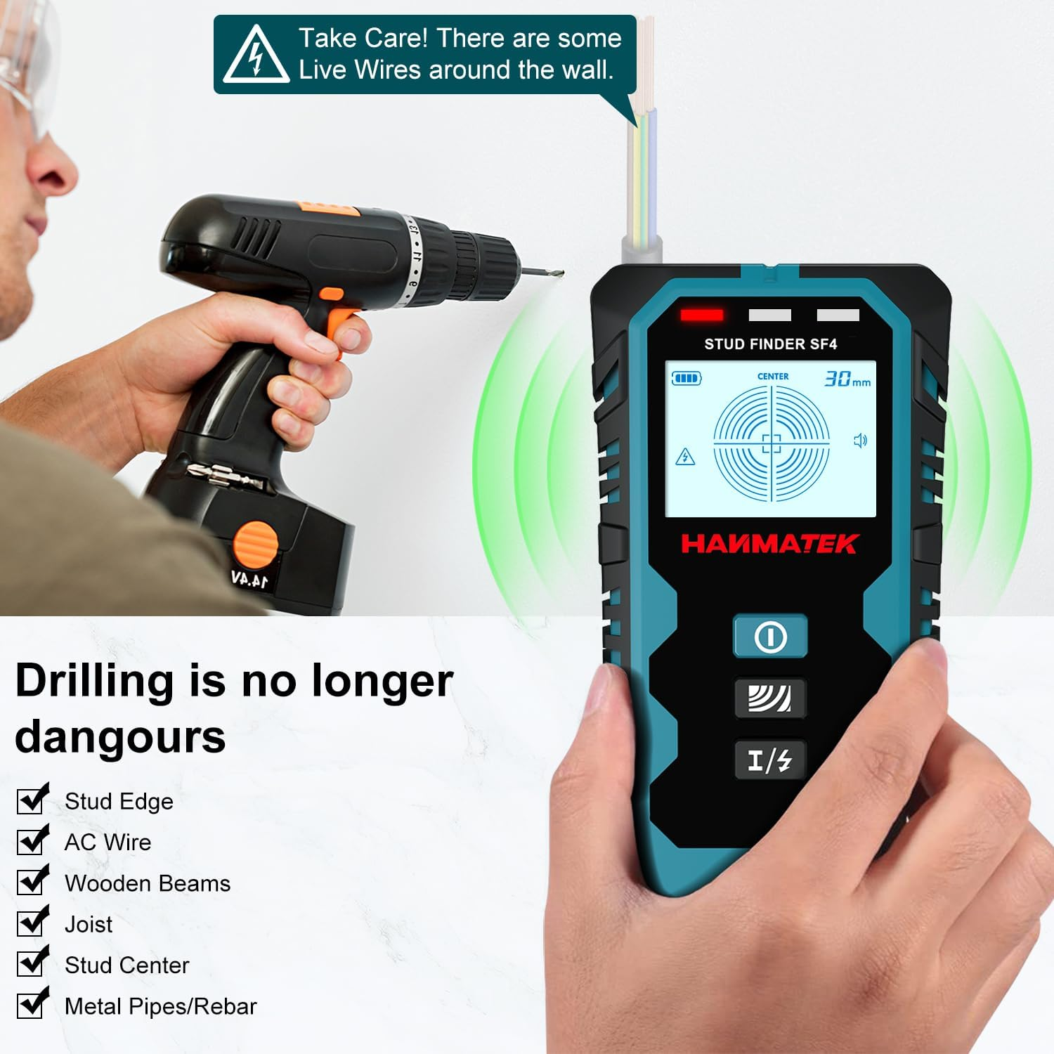 HANMATEK Stud Finder Wall Scanner,5 in 1 Multifunction Stud Locator with Upgraded Smart Sensor Audio Alarm HD LCD Display, Stud Finder Tool for the Center Edge of Metal, Studs, Plaster,Ac Wire,Pipe image number 1