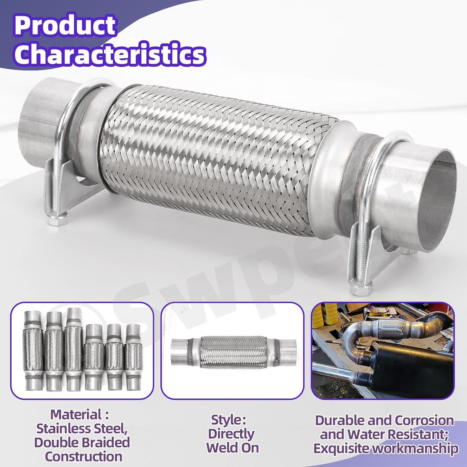 Swpeet 3Pcs 2.5 X 7.9 Inches Exhaust Flex Pipe with 2.5 Inches Exhaust U Clamp Kit, Universal Type Stainless Steel Double Braid Zinc Pipes Exhaust Flex Tube Ideal for Heavy Duty and Cars image number 1