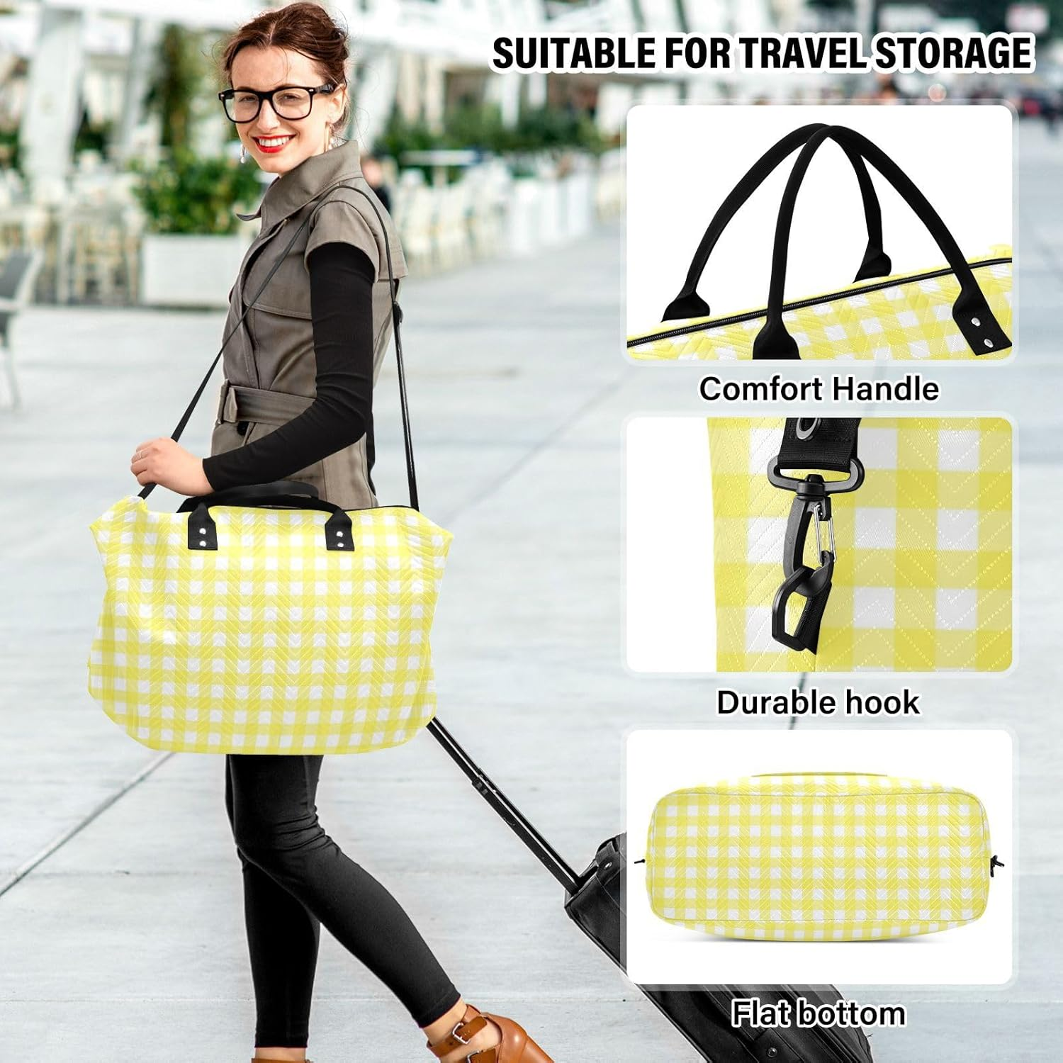 Luggage Travel Bag Carry on Weekend Bag Gingham Yellow Buffalo Plaid Tartan Check Scotland Gym Sports Duffel Bags With, Gingham Yellow Buffalo Plaid Tartan Check Scotland, Set of 2, Art Deco image number 3