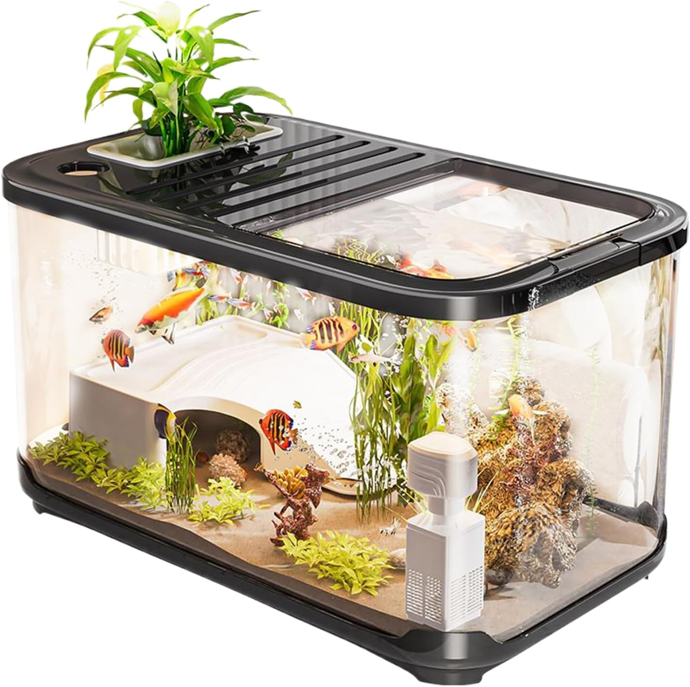 Fish Tank Starter Kit with Ventilation Holes - Fish Tank Setup Kit,Habitat with Stairs for Saltwater Freshwater Sand Shrimp Plant Decor Turtle Landscaping Aquatic Life