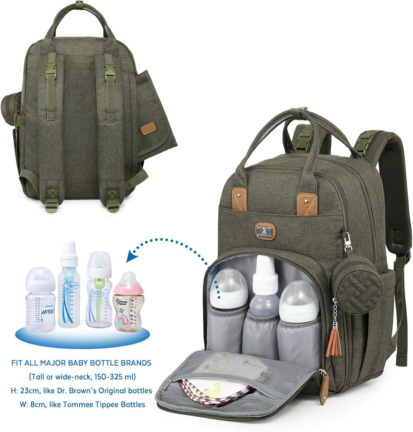 Dikaslon Changing Bag Backpack, Large Nappy Back Pack Multifunction Baby Bags with Portable Changing Mat, Pacifier Holder, and Stroller Straps, for Mom and Dad image number 3